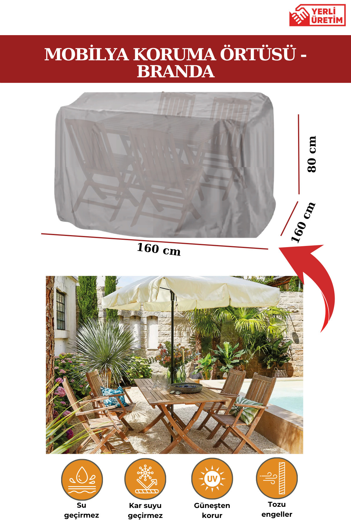 Grey Garden Furniture Protection Cover Tarpaulin 160x160x80 Cm - Centimeter, Waterproof, Sun Protection