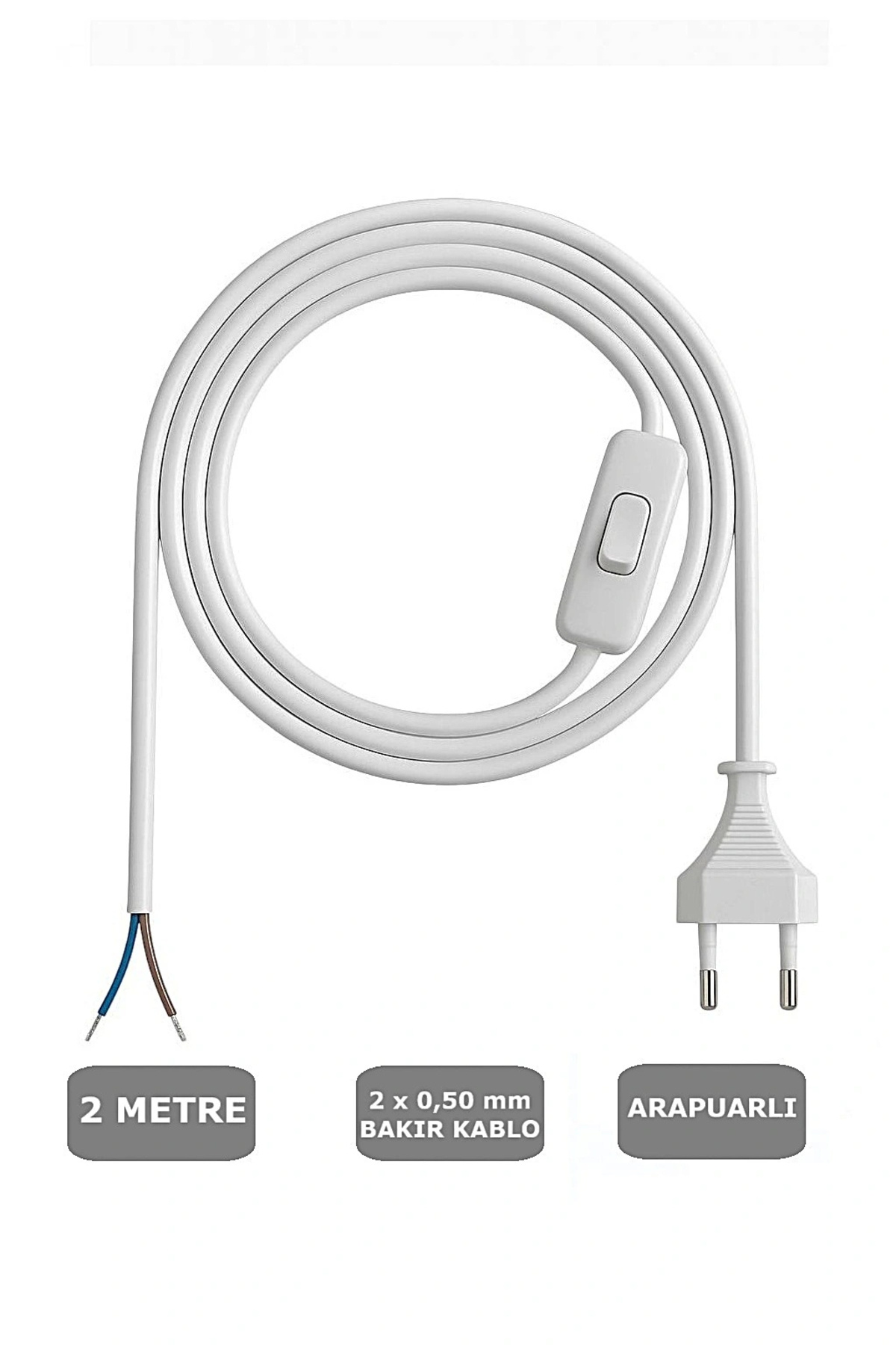 CONANA Fişli Arapuarlı Kablo (Yassı)- Anahtarlı (2X0,50) Beyaz - 2 Metre