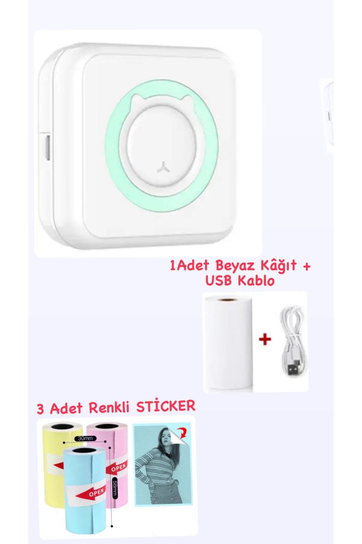 Schulzz Mini Termal Taşınabilir Yazıcı Yeşil, 1 Adet Beyaz Kağıt + 3ADET Renkli Sticker