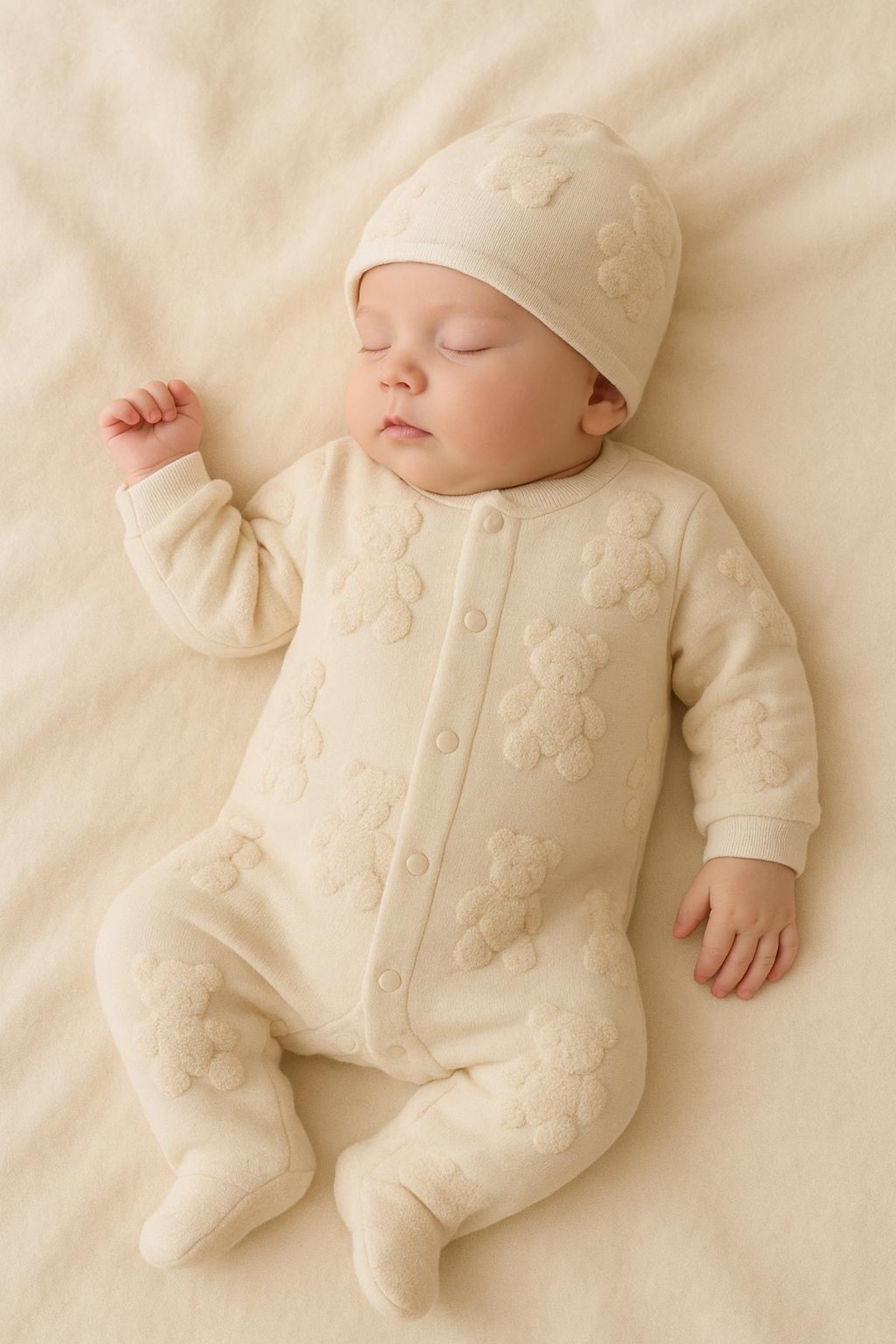 MixMax Bebe Kız Bebek Jakar Teddy Şapkalı Çıtçıtlı Tulum fotoğrafı 3 (önizleme)