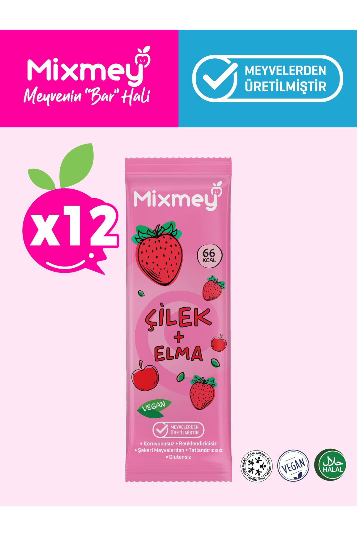 Mixmey Çilek Meyve Barı 12 Adet | Sağlıklı Atıştırmalıklar – Vegan