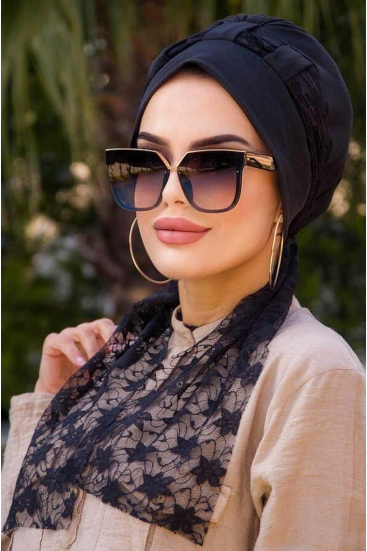 Aişe tesettür Siyah Dantel Fularlı Bone