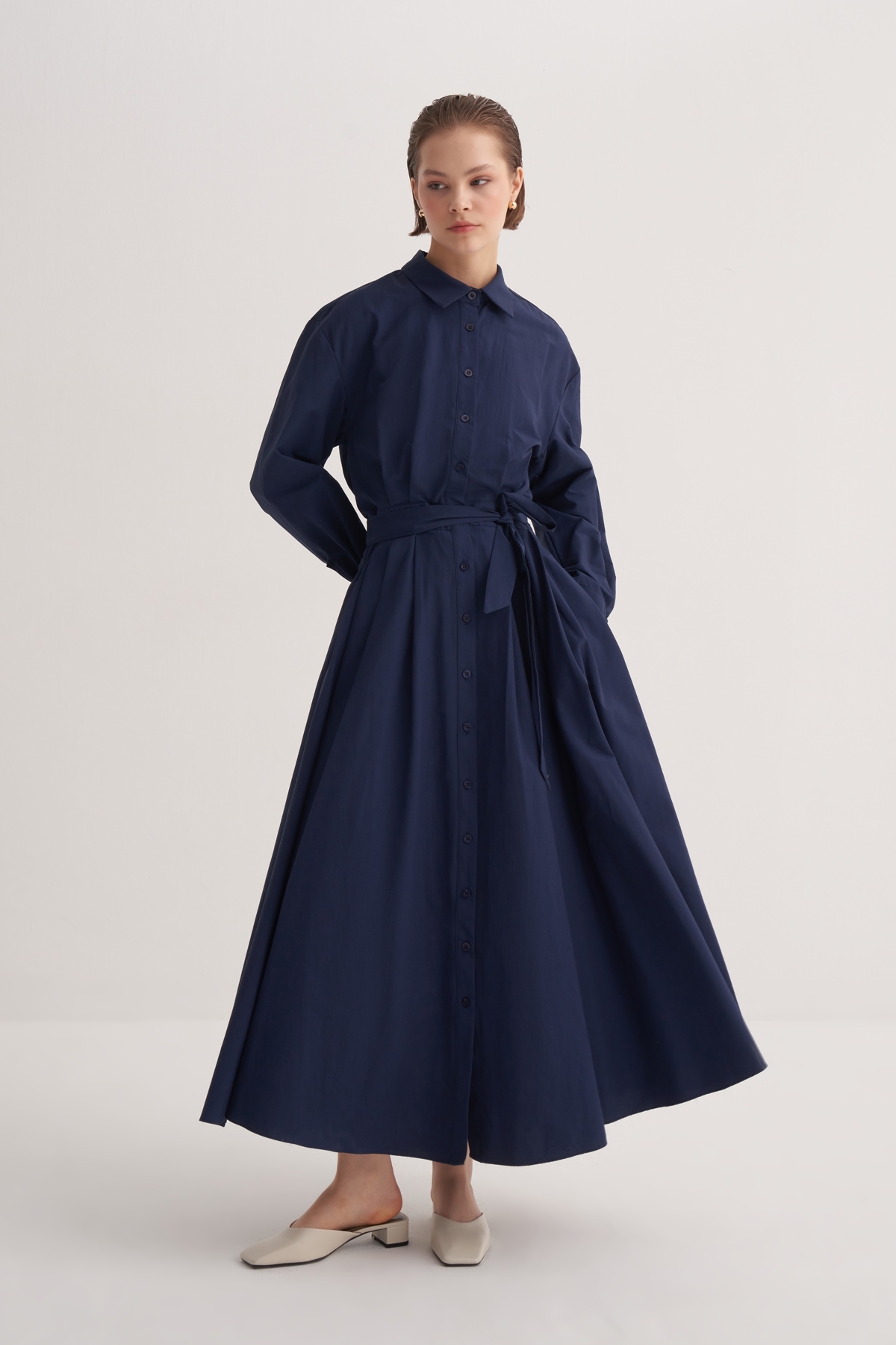 ebu prive Women's Poplin Pleated Shirt Dress Navy Blue