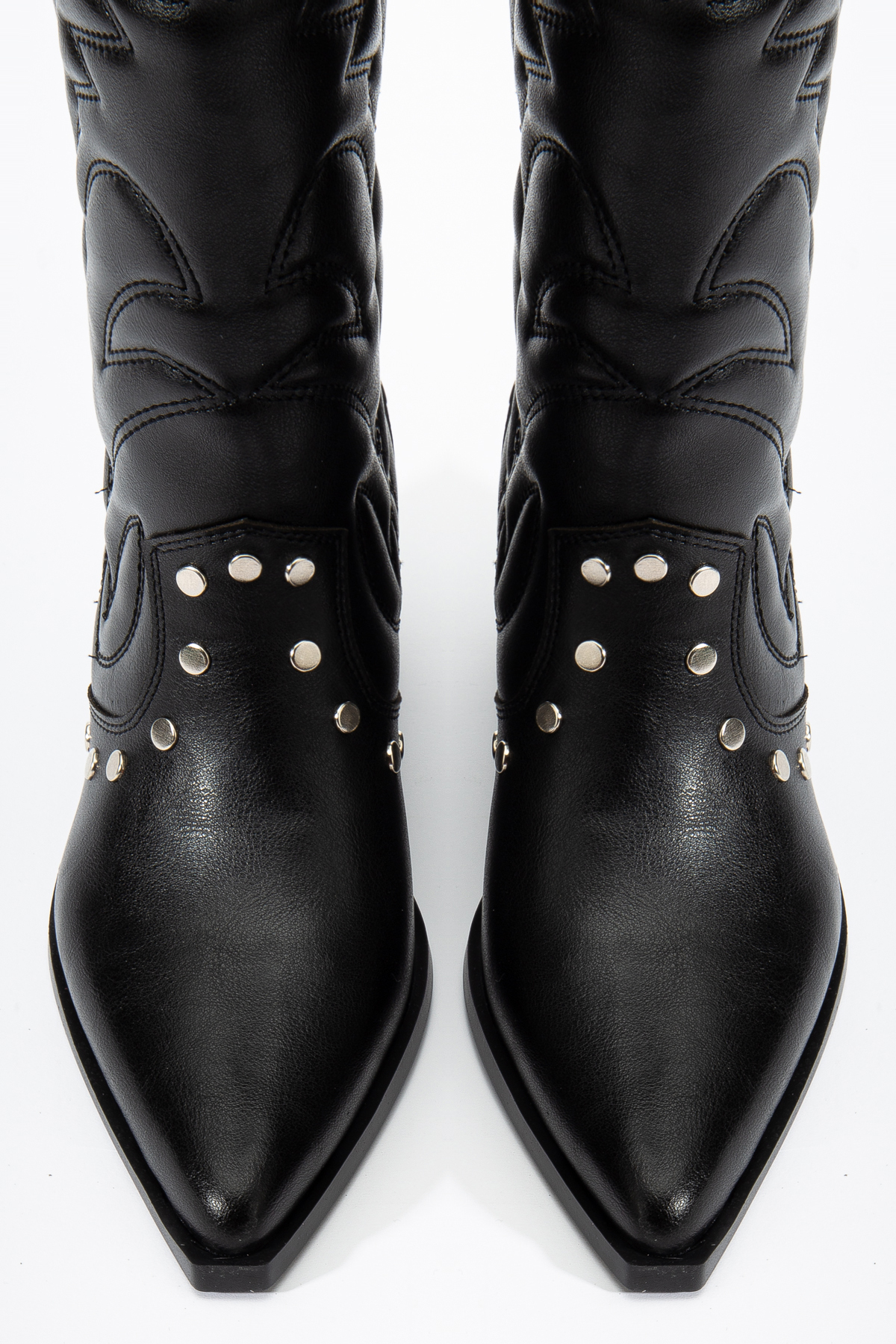 DENORA  Siyah Mat Deri Nakışlı Zımbalı Sivri Burun Kovboy Western Bot Çizme - Görsel 4