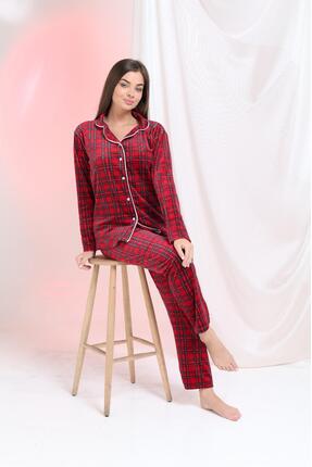 Elit Kırmızı Önden Düğmeli Kadife Kışlık Kadın Pijama Takımı Çeyizlik Set Hediye