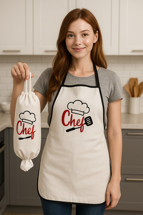 e-Bizz Store Punch Nakışlı Mutfak Önlüğü & Punch Nakışlı Poşetlik & Mutfak Set