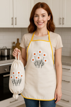 e-Bizz Store Punch Nakışlı Mutfak Önlüğü & Punch Nakışlı Poşetlik & Mutfak Set