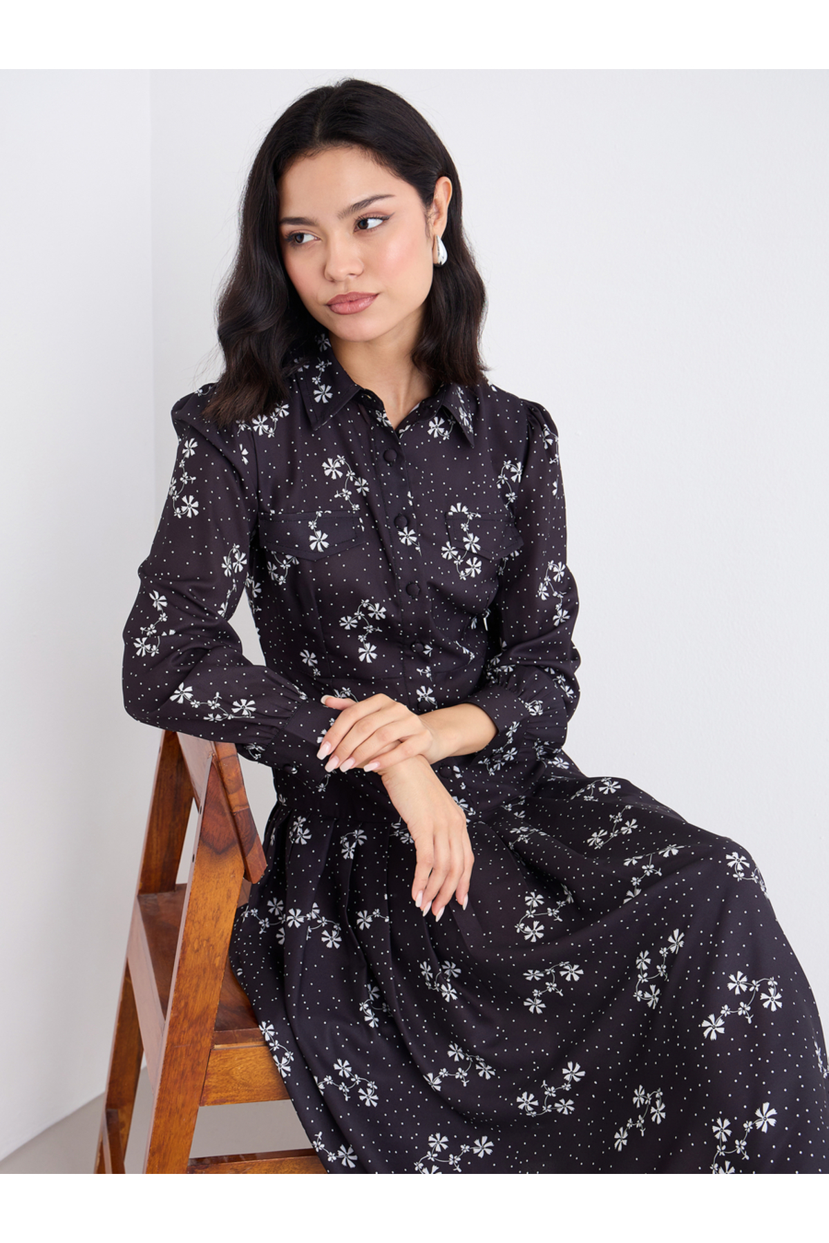 Styli Black Ditsy Print Shirt Midi Dress