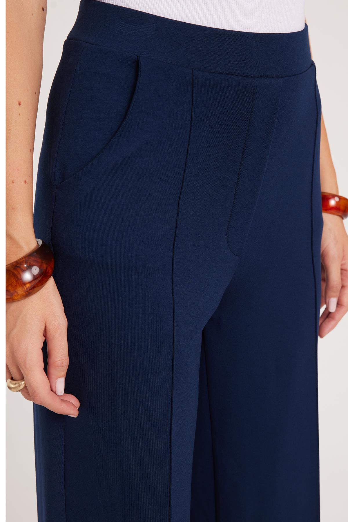 Tudors  Kadın Relax Fit Rahat Kesim Modal Kumaş Yüksel Bel Geniş Paça Lacivert Pantolon - Görsel 4