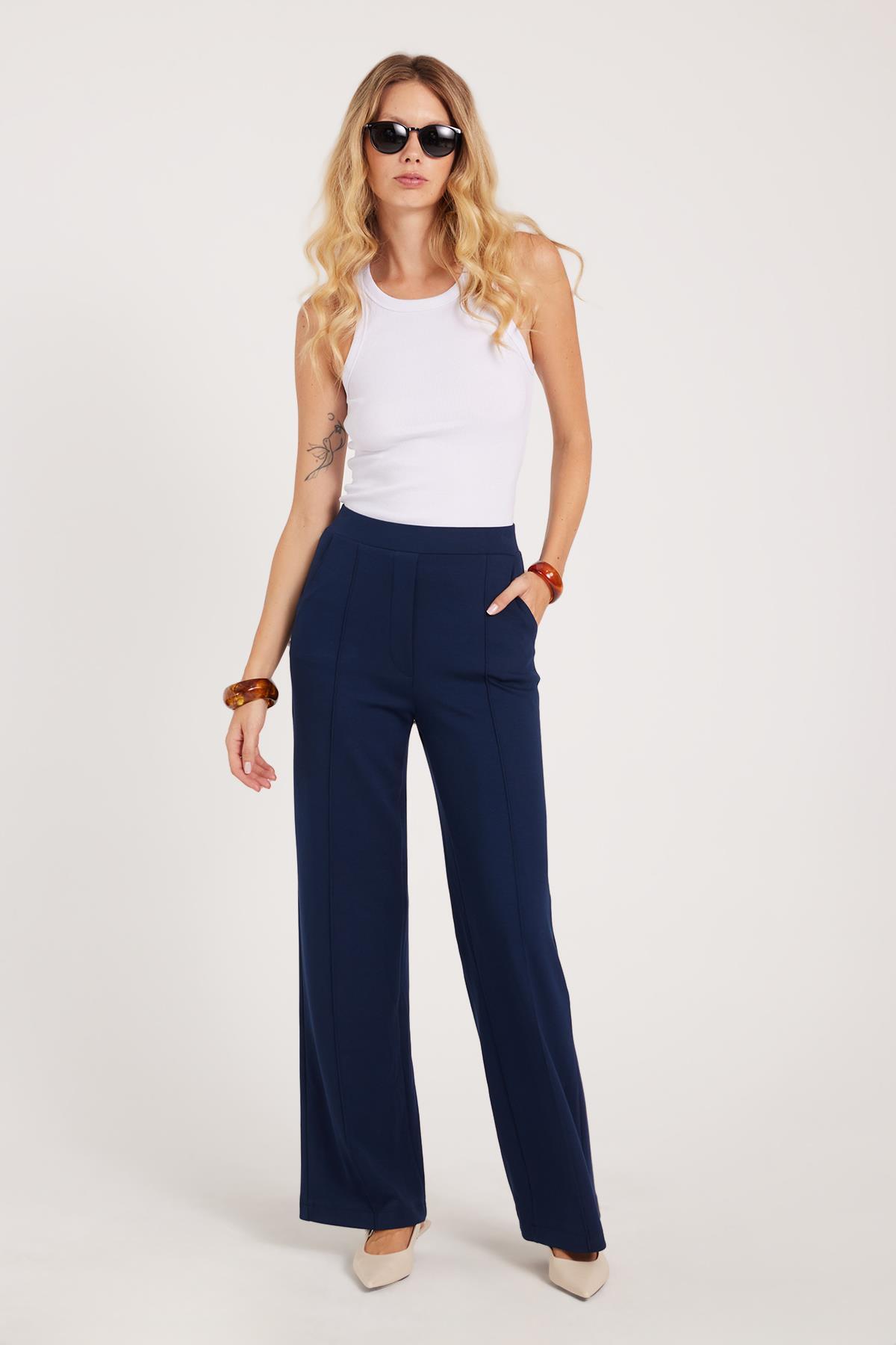 Tudors  Kadın Relax Fit Rahat Kesim Modal Kumaş Yüksel Bel Geniş Paça Lacivert Pantolon - Görsel 6