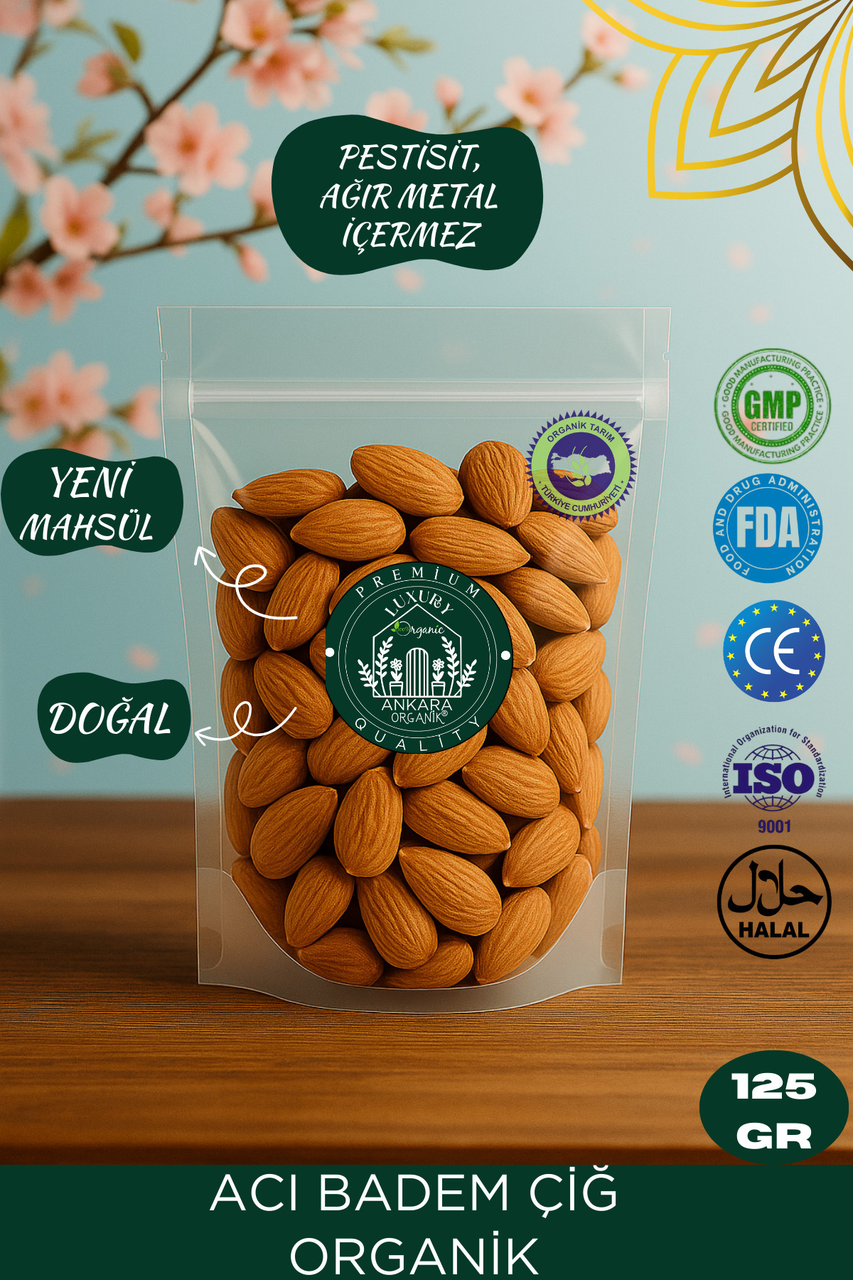 Ankara Organik Acı Badem Organik - Yeni Mahsül, (Pestisit ve Ağır Metal Analizli) 125 GR