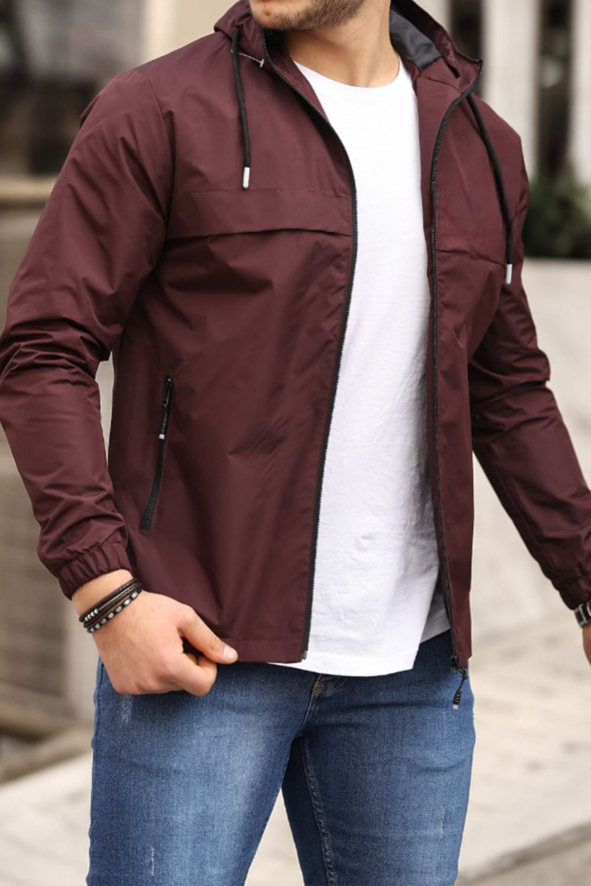 comstar  Erkek Astarlı Kapşonlu Bordo Rüzgarlık & Yağmurluk - Görsel 5