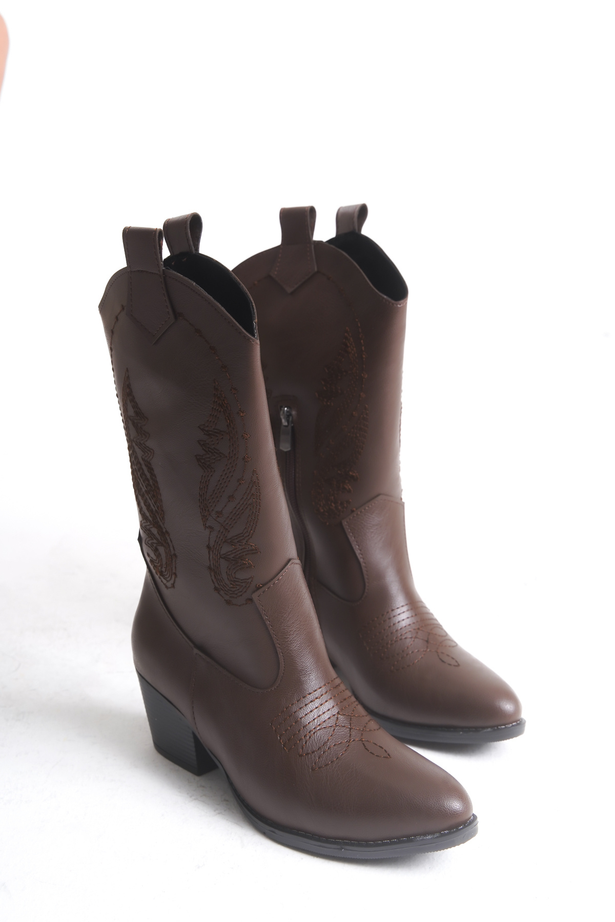 Bak Store Acı Çikolata Kahve Fermuarlı Nakışlı Western Kovboy Kadın Çizme görsel 4
