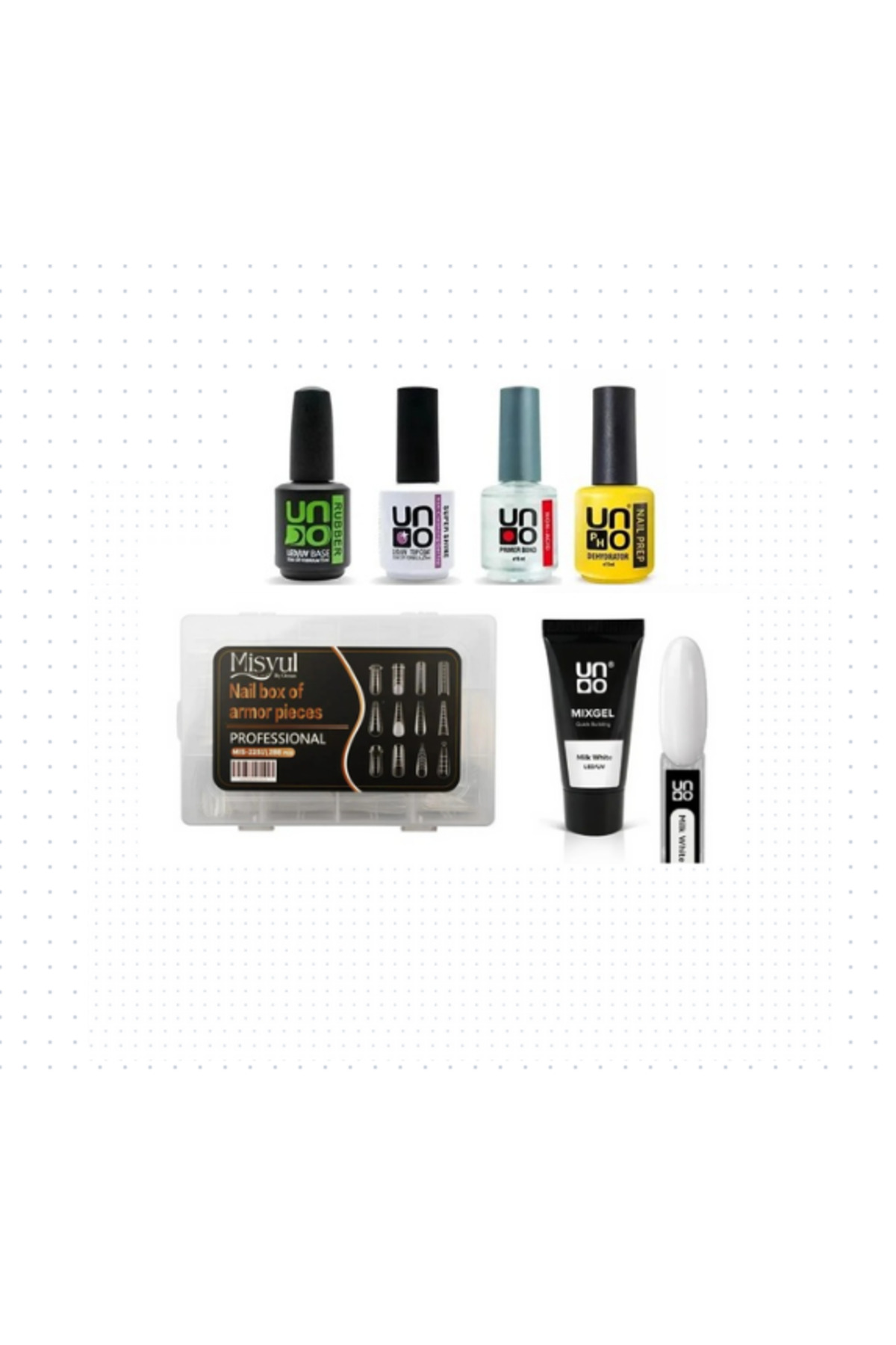 Uno PolyJel MilkWhite 30G+ProtezTırnak Tips ÜstForm JelTips+BaseCoatTopCoatPrimerDehydrator