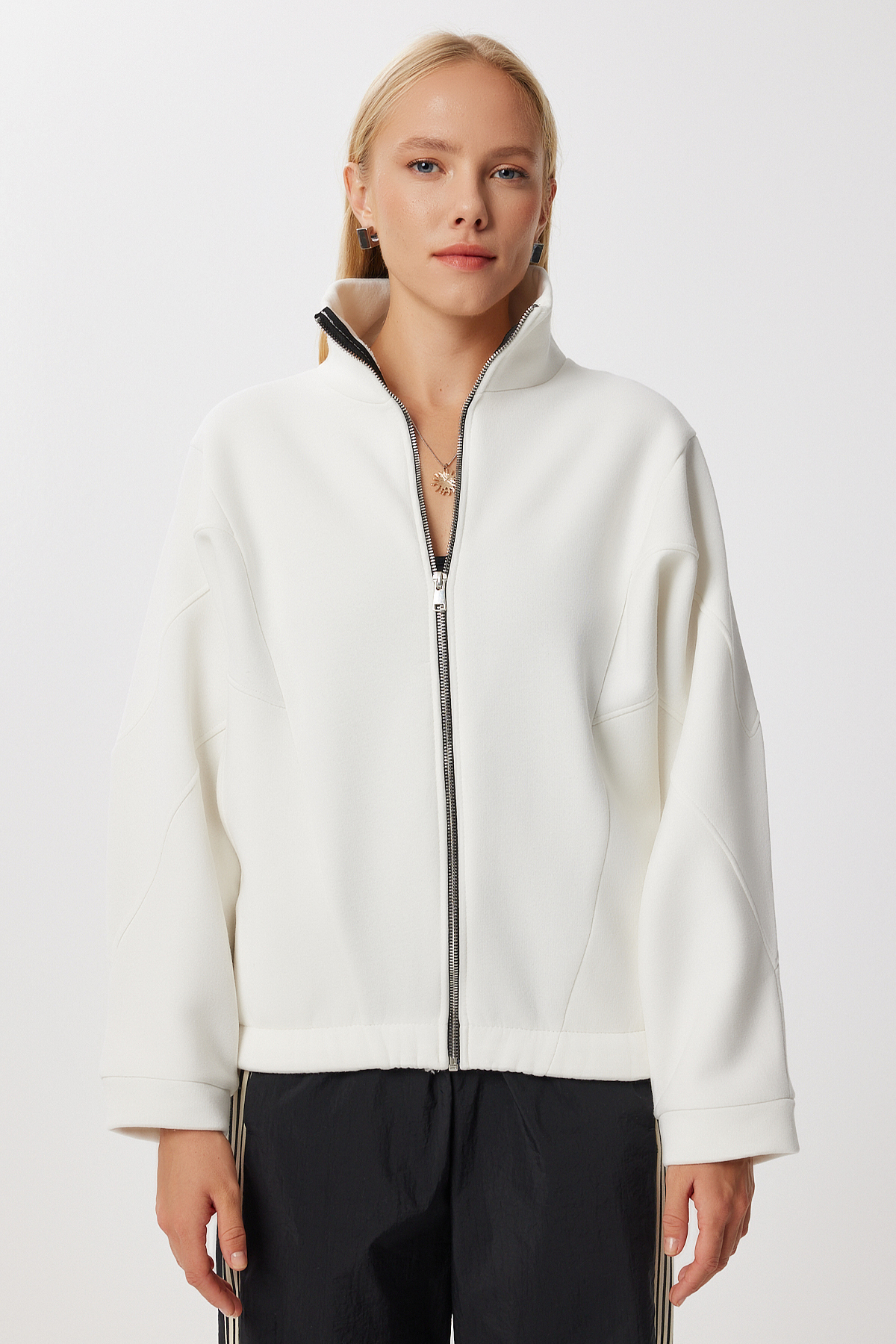 Lovelyİstanbul Fermuarlı Şardonlu Örme Sweatshirt LZV0029 EKRU görsel 4