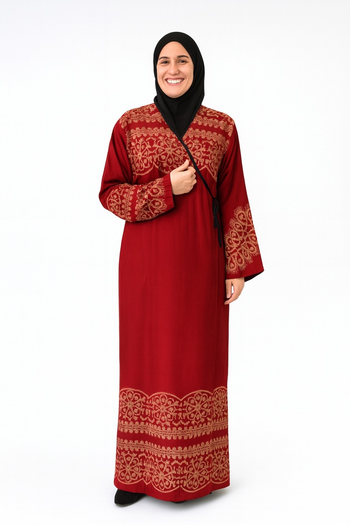 Bilenler  Geometrik Desenli Kruvaze Namaz Elbisesi – Yandan Bağlamalı, Rahat Kalıp 36–46 Beden