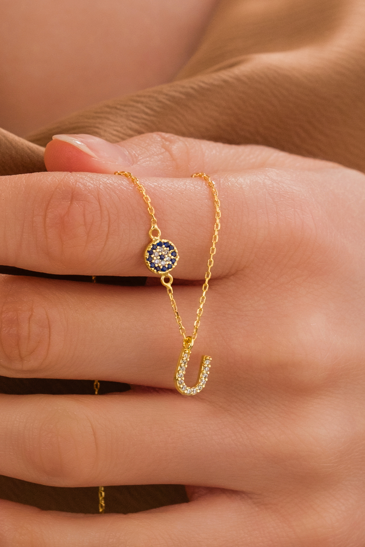 ZAHAP GOLD Nazar Detaylı 925 Gümüş Kişiye Özel Harf Kolye - U Harfli Kolye