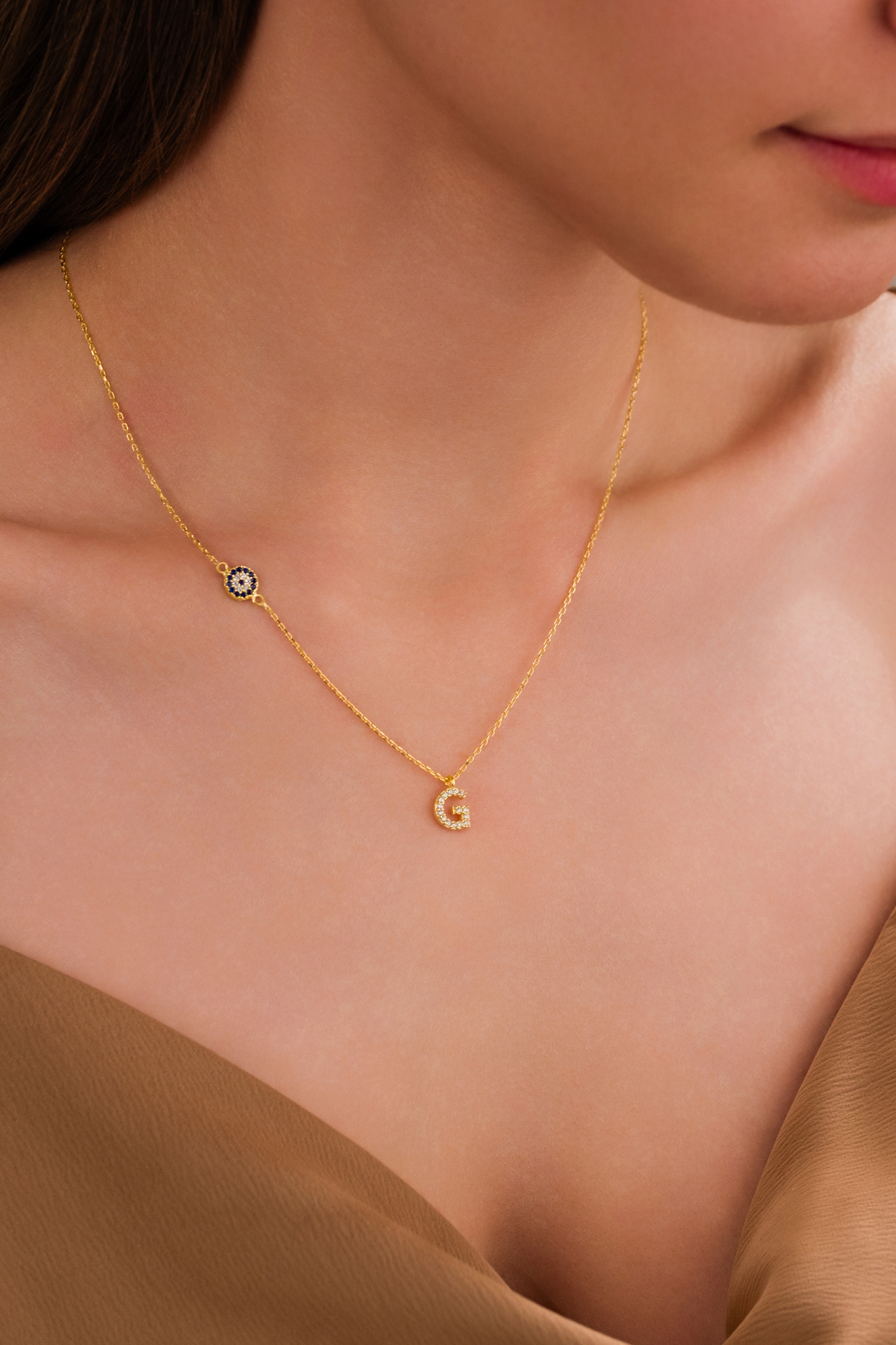 ZAHAP GOLD Nazar Detaylı 925 Gümüş Kişiye Özel Harf Kolye - G görsel 3