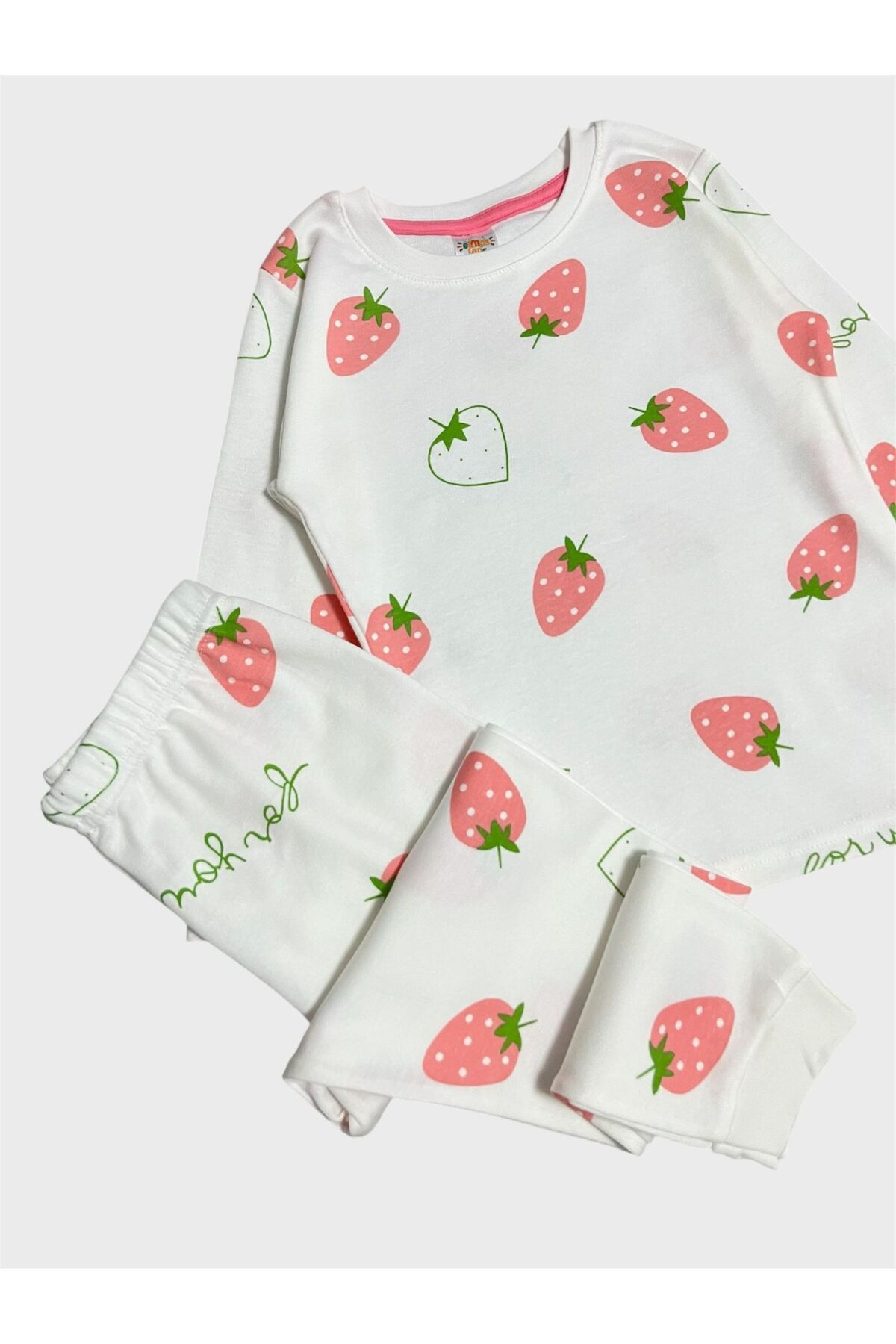 ALİŞ KİDS Kız Çocuk %100 Pamuklu Beyaz Çilek Desenli Uzun Kollu Pijama Takımı fotoğrafı 3 (önizleme)