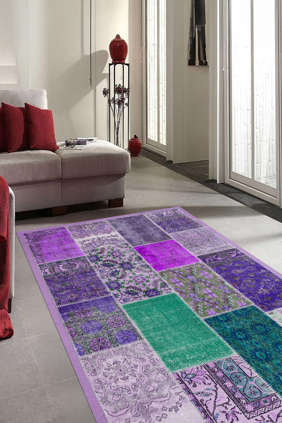 Plain Patterned Patchwork Runner Living Room Rug with Digital Printed Washable and Non-Slip Base