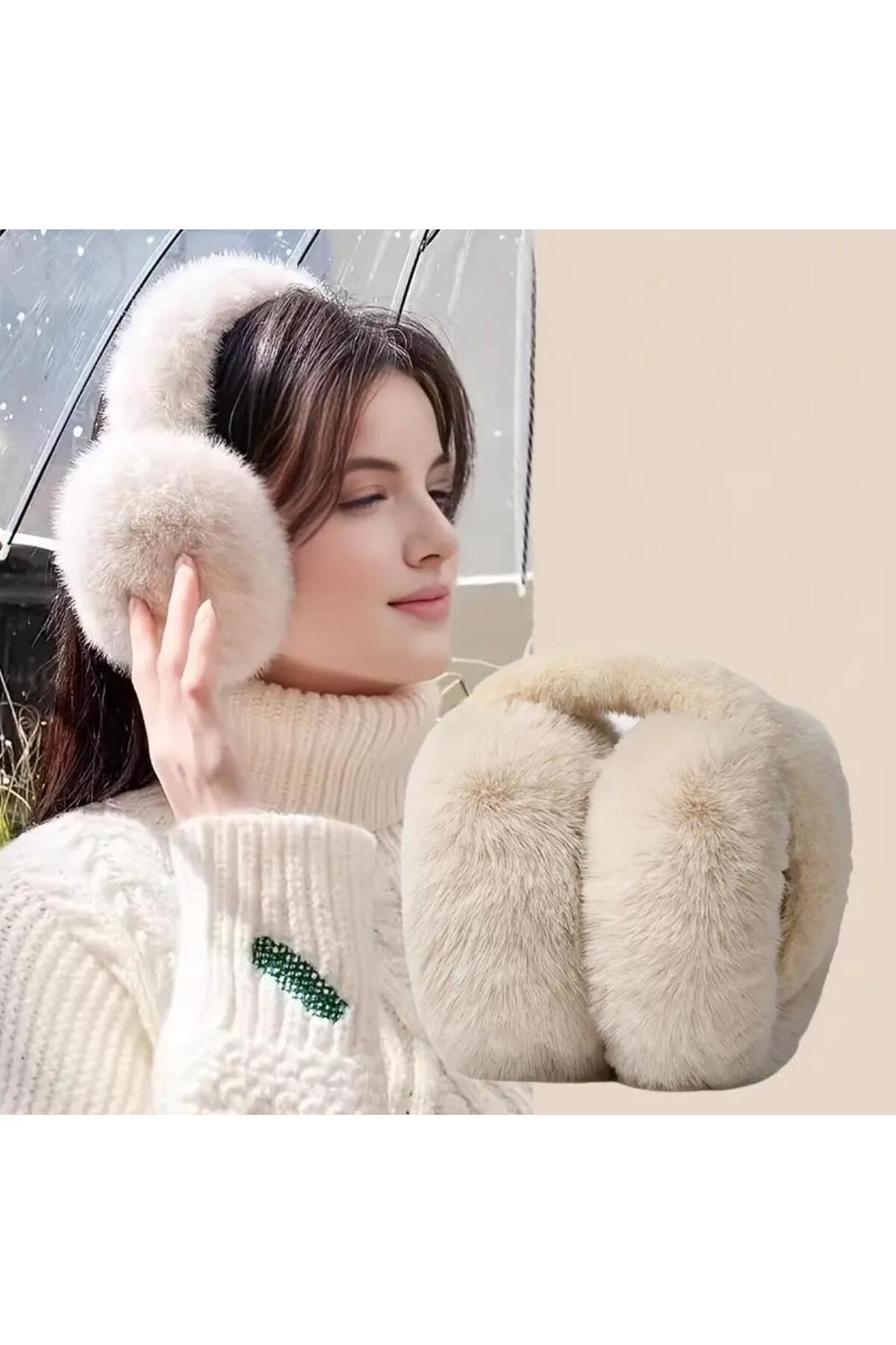 Wearflawless Bej Peluş Katlanabilir Kulaklık ,Soğuktan Koruyucu Peluş Kışlık Kulaklık, Sevgililer Günü Hediyesi görsel 2