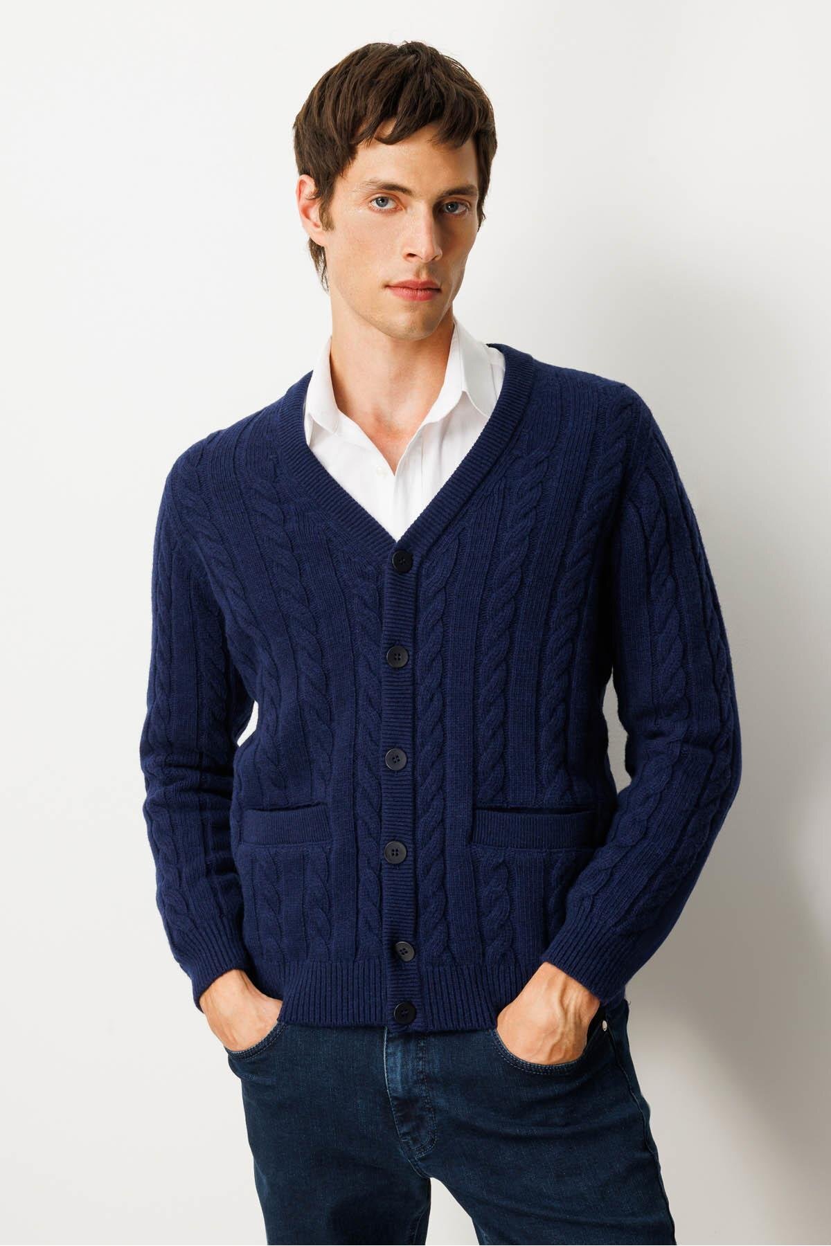 کاپشن پشمی بافتنی ضخیم مردانه یقه هفت، آبی نفتی Y.A.