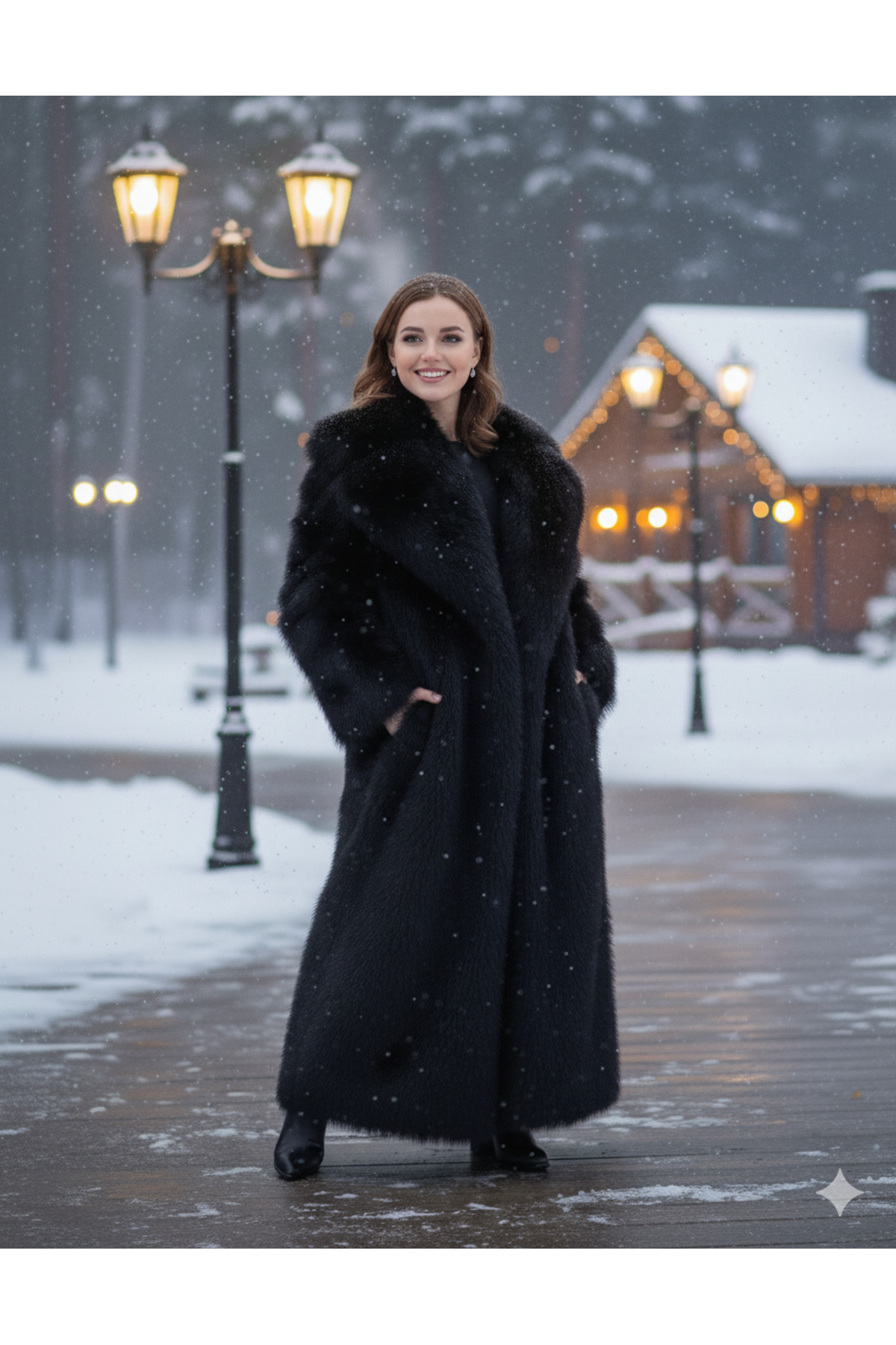 NeednStore Kadın Siyah Kürk Fox Yaka Uzun Palto Mont Kaban