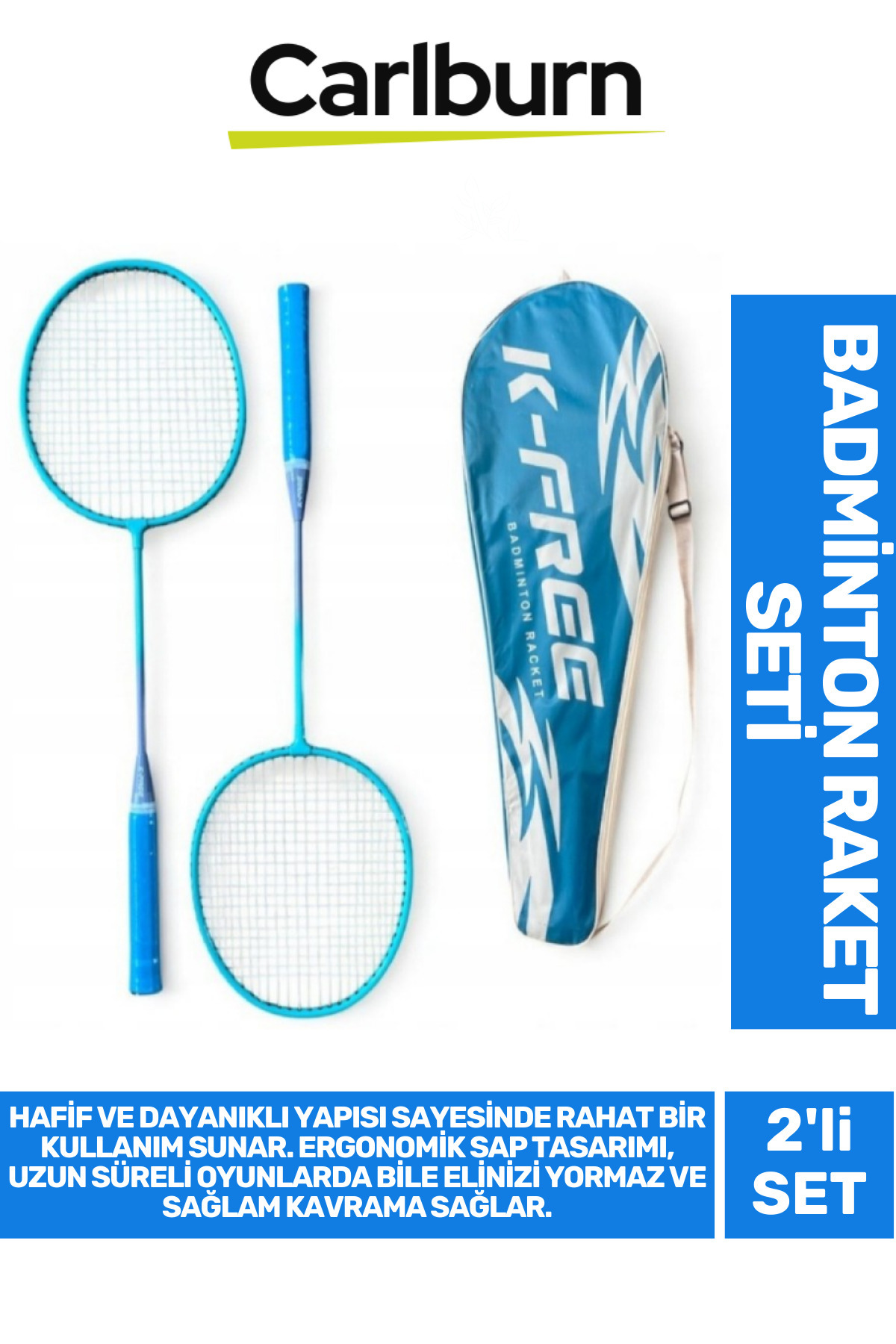 Carlburn PremiumHafif Dayanıklı Telli Sağlam Ergonomik Saplı Eli Yormaz Kavrama 2'li Badminton Raket Seti