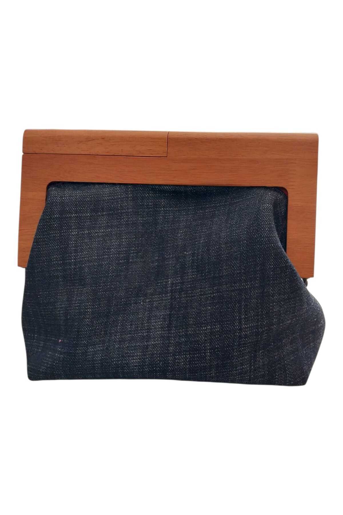 handedizayn Ahşap Burslu Denim Kumaş Kadın El Çantası Clutch