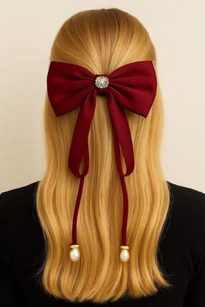 MD Moda Accessories Kalp Taş Detaylı İncili Bordo Fiyonk Saç Tokası