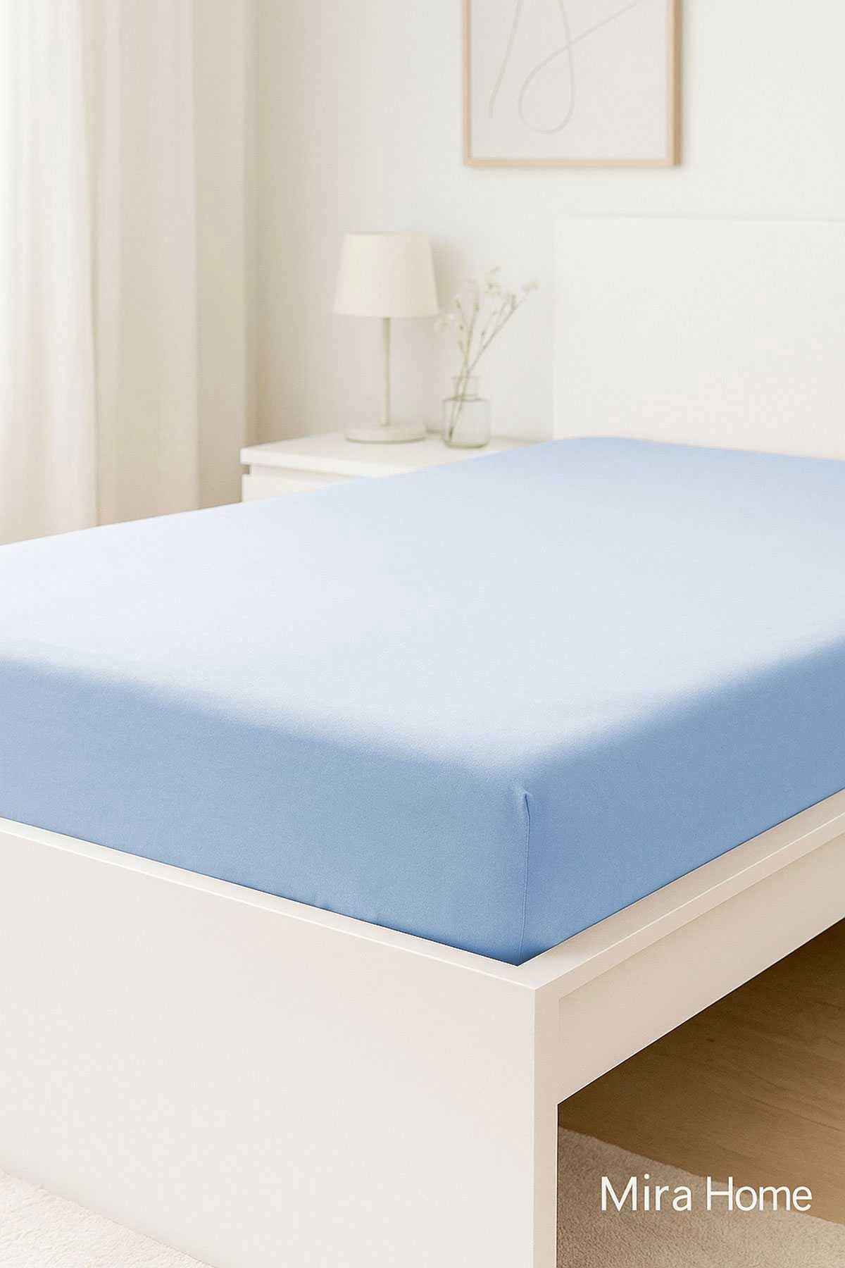 Mira Home Çift Kişilik Düz Penye %100 Pamuklu Lastikli Çarşaf 200X200 Cm Battal Boy Newsheet Mavi