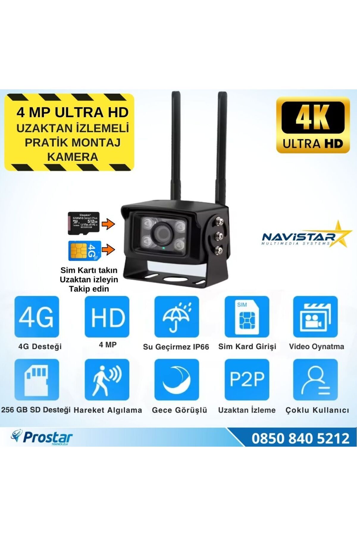Navistar Uzaktan izlemeli 4 MP Ultra HD 4G Sim kart girişli Tak kullan Profesyonel Kamera