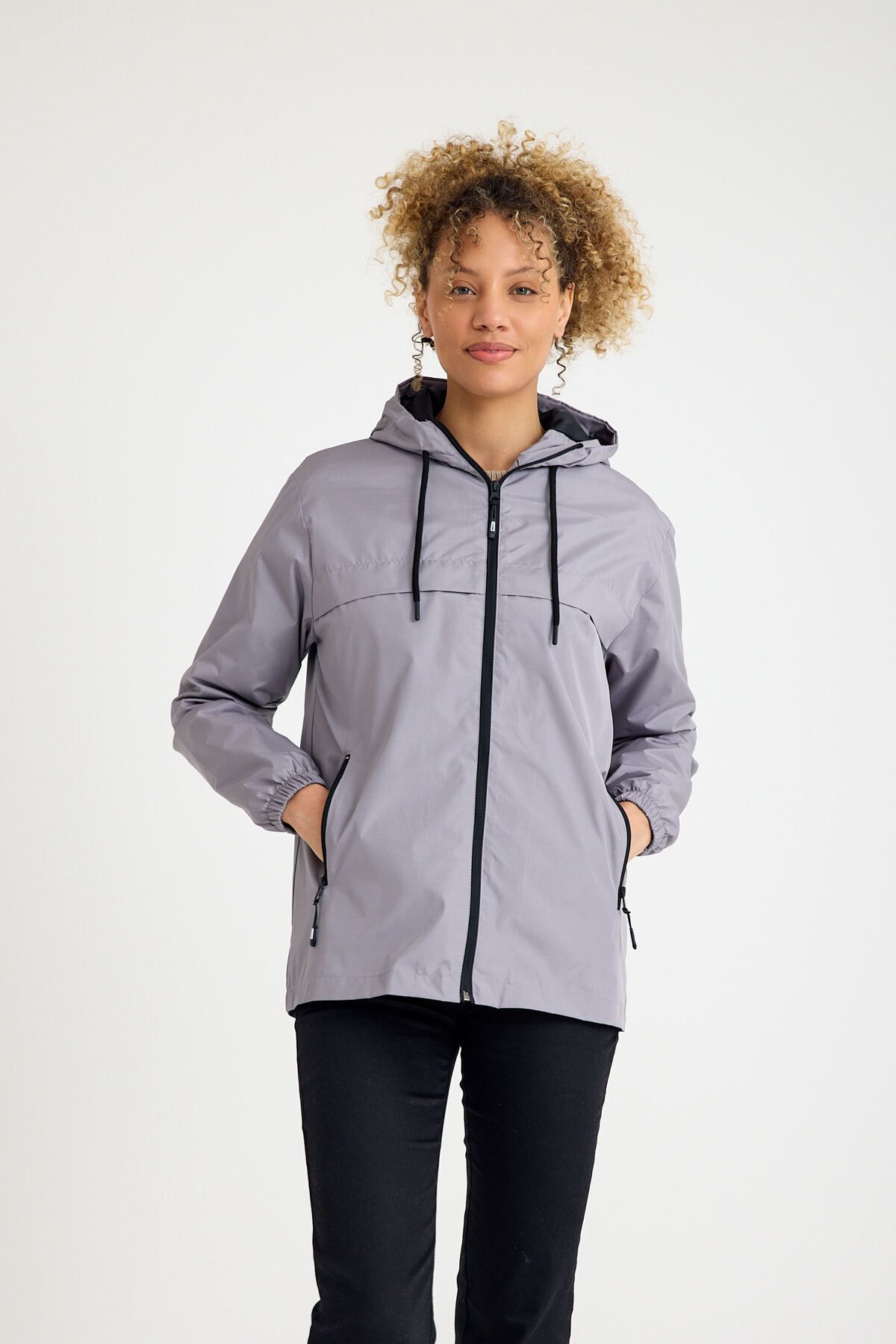 comstar  Kadın Astarlı Kapşonlu Gri Rüzgarlık & Yağmurluk - Görsel 6