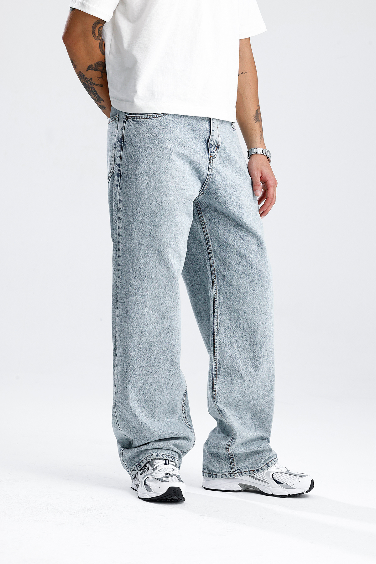 ATE STUDIOS Kar Yıkama Mavi Baggy Kot Pantolon görsel 4