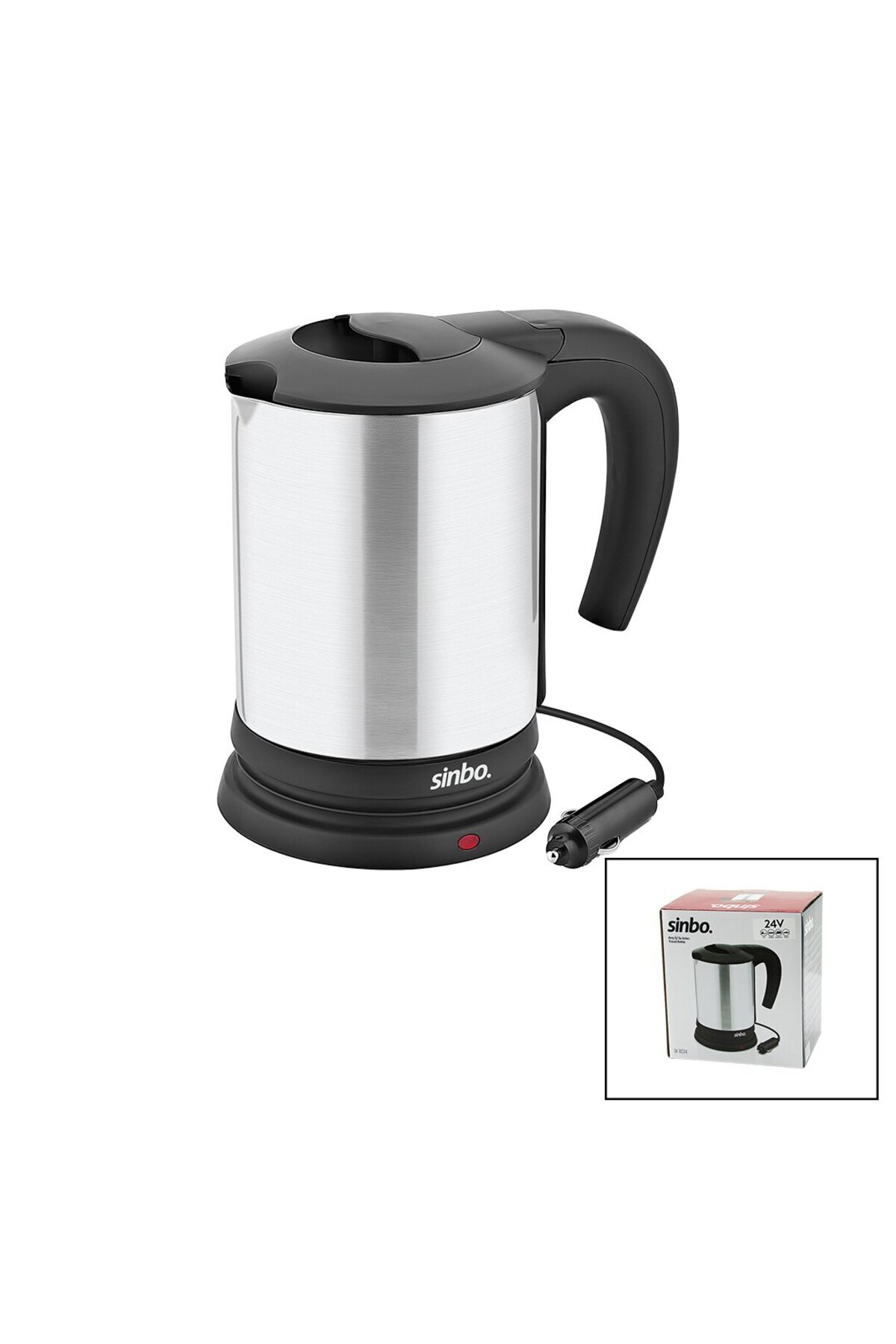 Go İthalat SİNBO SK-8034 24V ARAÇ İÇİ KETTLE PASLANMAZ ÇELİK SU ISITICISI 0.8LT 200W ÇAKMAKLIK FİŞLİ PLASTİ