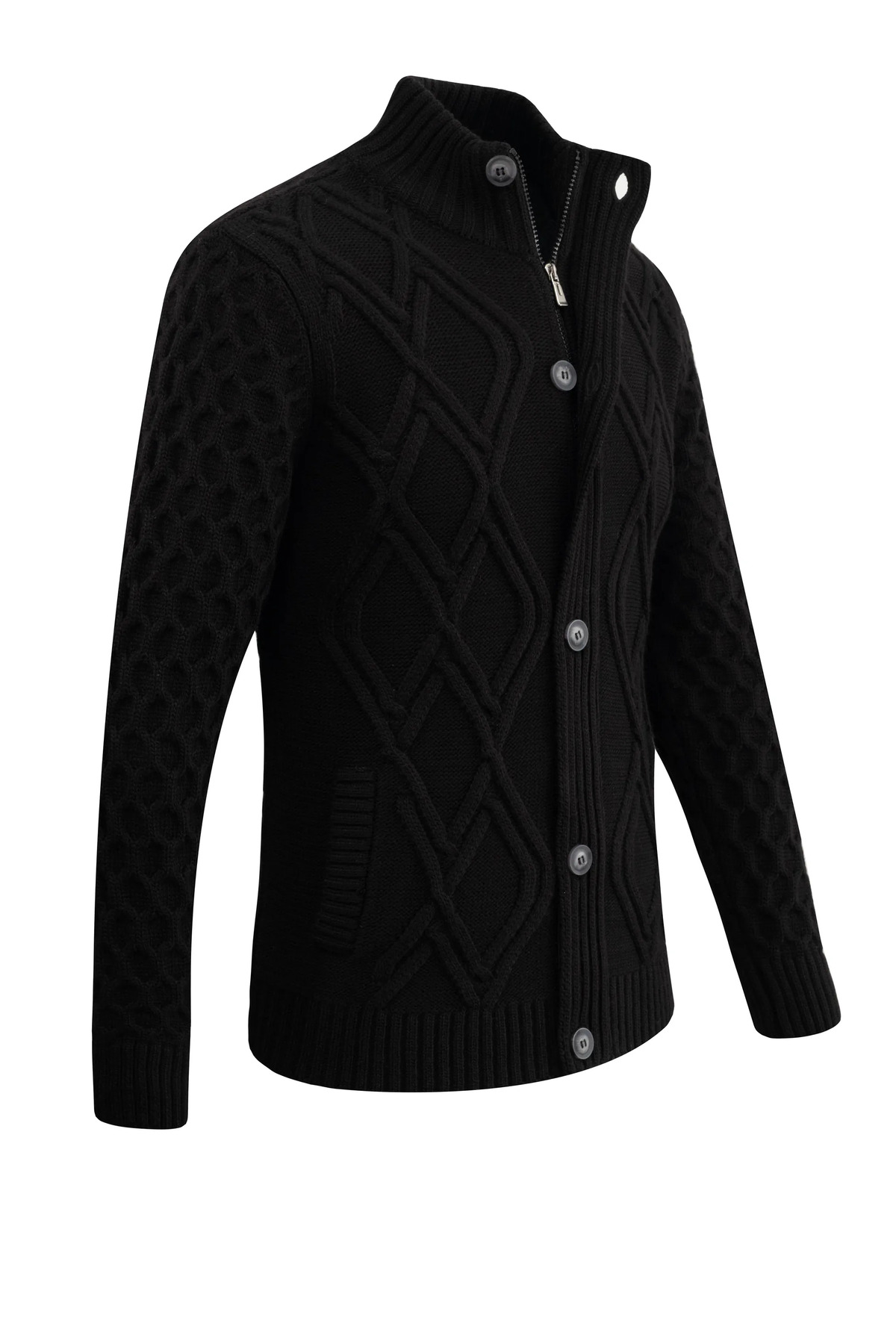 Çizgi Triko  Erkek Kalın Örgü Triko Siyah Hırka Düğmeli ve Fermuarlı Cepli Klasik Kalıp - 5248M - Görsel 3