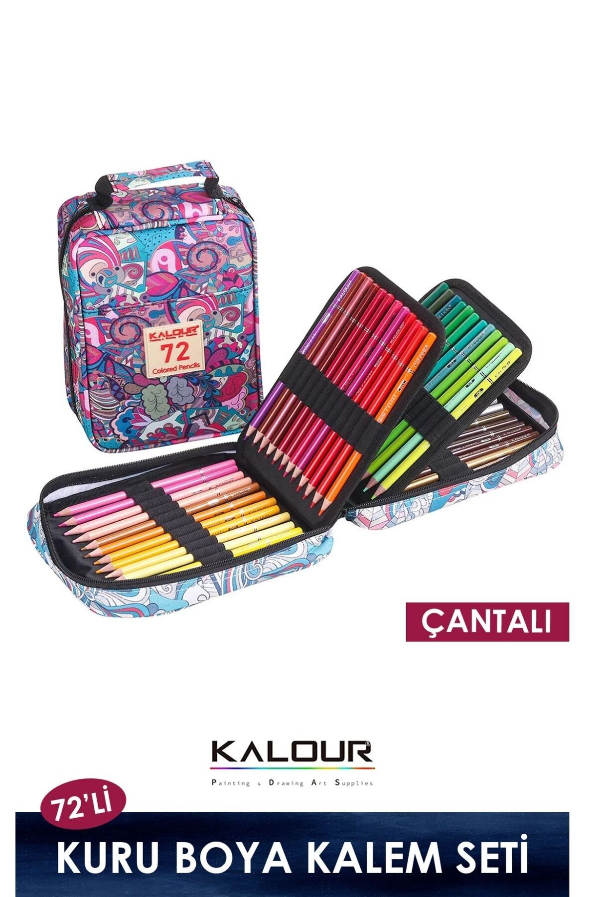 kalour Kuru Boya Kalem Seti 72 Renk, Çantalı (Defter+Kalemtraş Hediyeli)