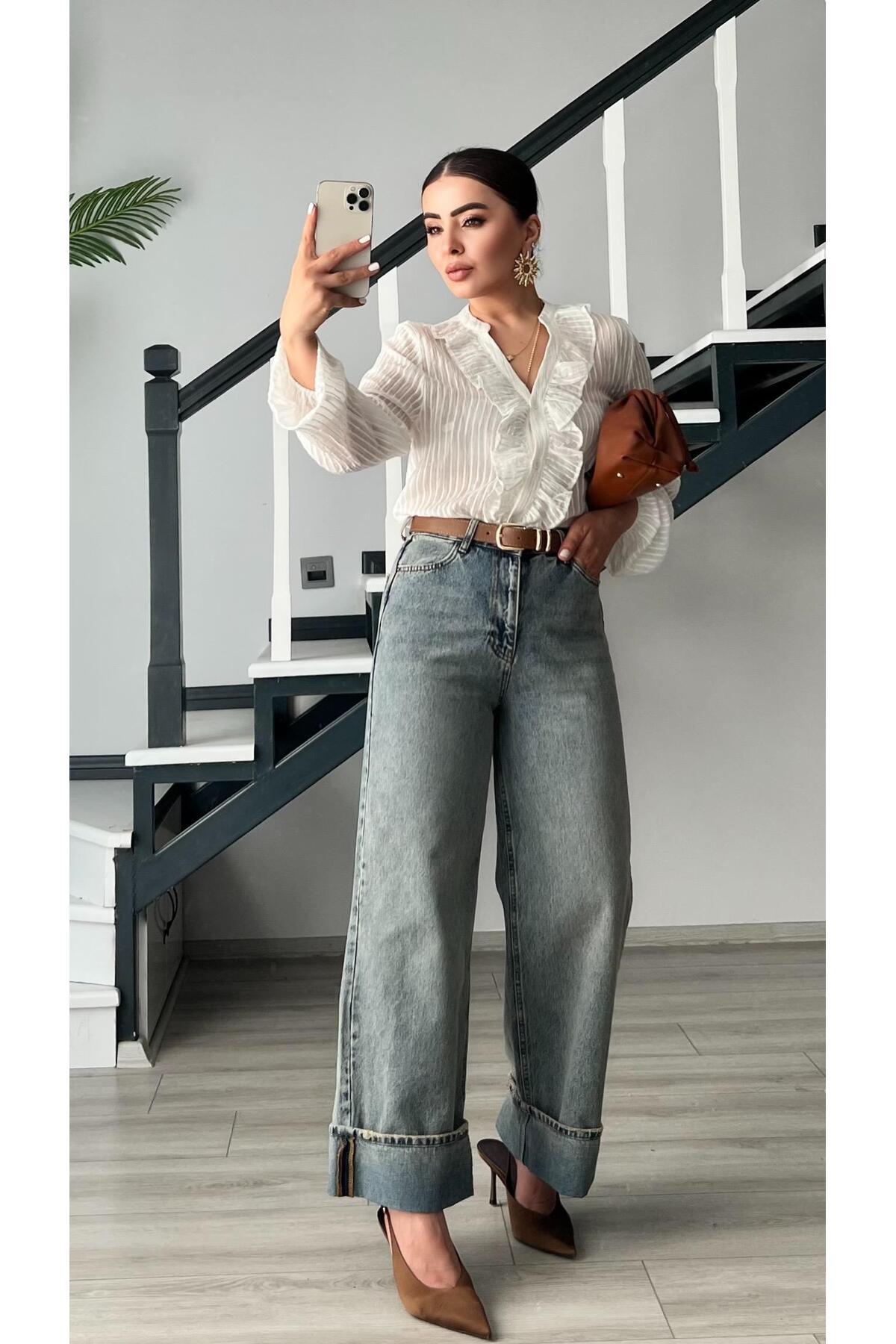 Oslove  Mavi Tintli Paça Katlama Detaylı Jean - Görsel 2