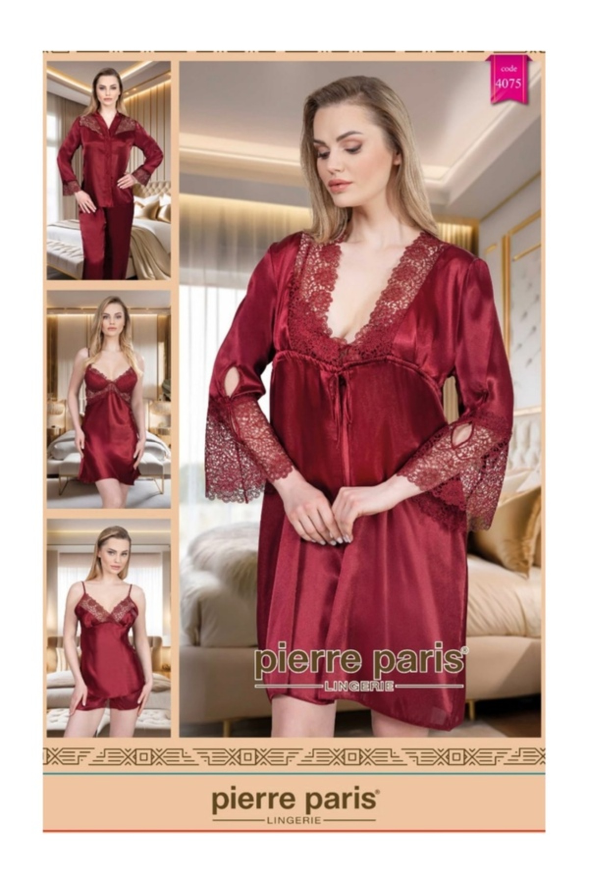 Pierre Paris İpek Saten 6'lı Kısa Gecelik Sabahlık Takım-4075 Bordo