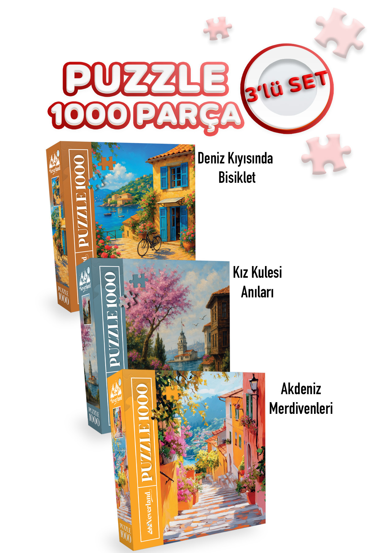 Neverland 3 ADET 1000 PARÇA PUZZLE -DENİZ KIYISINDA BİSİKLET VE