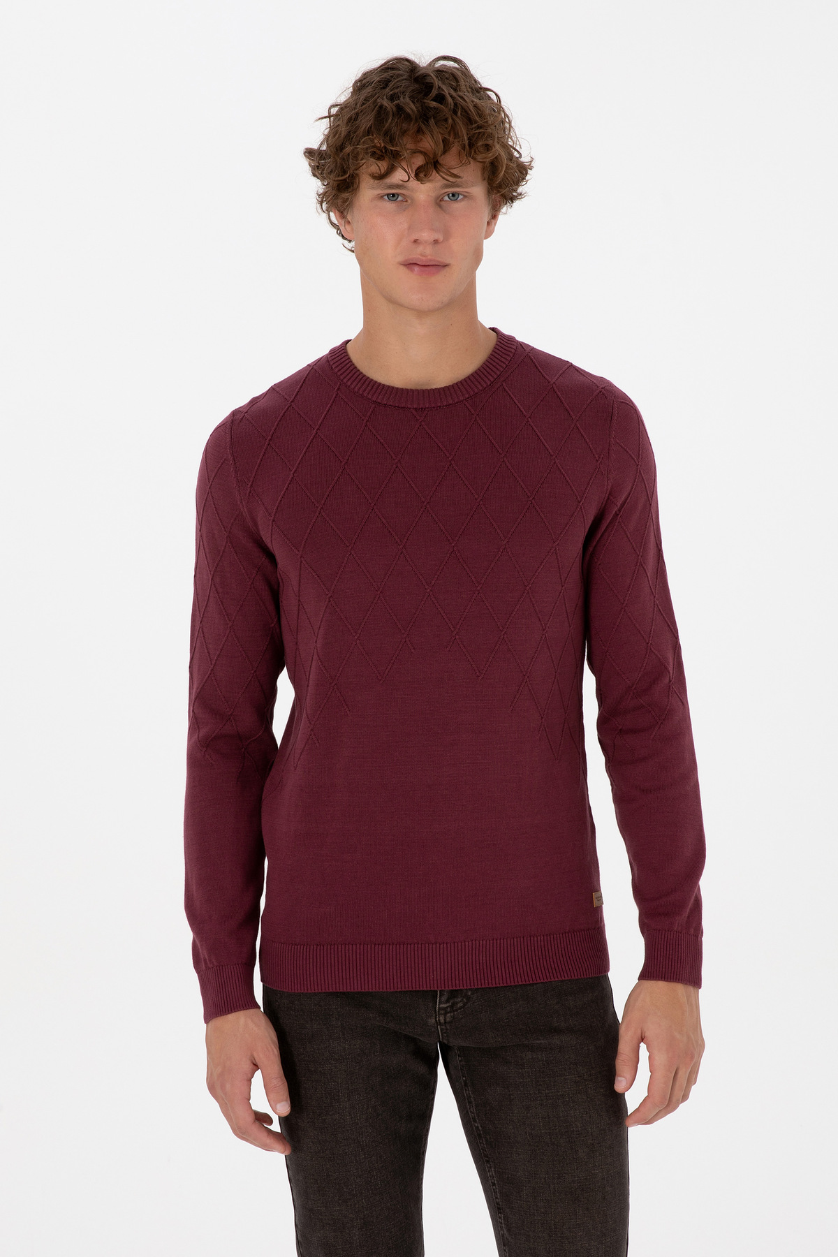 یو اس پولو پلیور مردانه یقه گرد طرح دار سرمه ای اسلیم فیت کد ۵۰۳۱۵۷۴۸-VR177