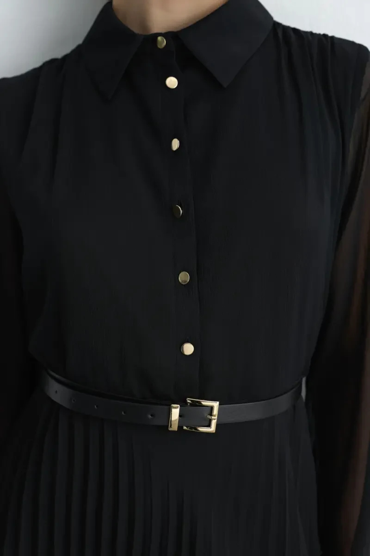 Gusto  Pilise Uzun Şifon Elbise - Siyah - Görsel 4