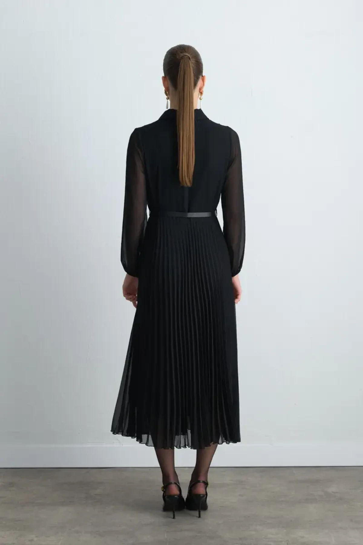 Gusto  Pilise Uzun Şifon Elbise - Siyah - Görsel 6