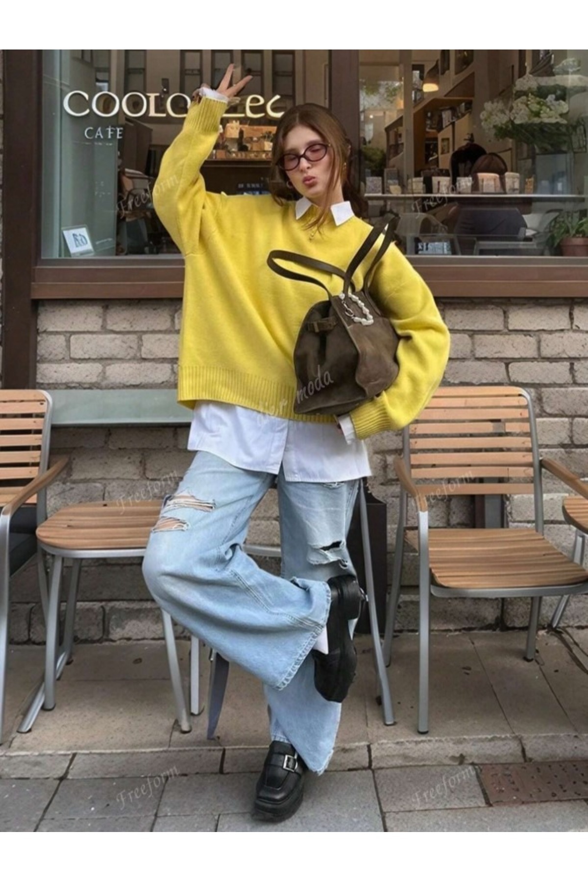 Dier Moda Жовтий велосипедний комір Oversize трикотажний светр Fmoda1976