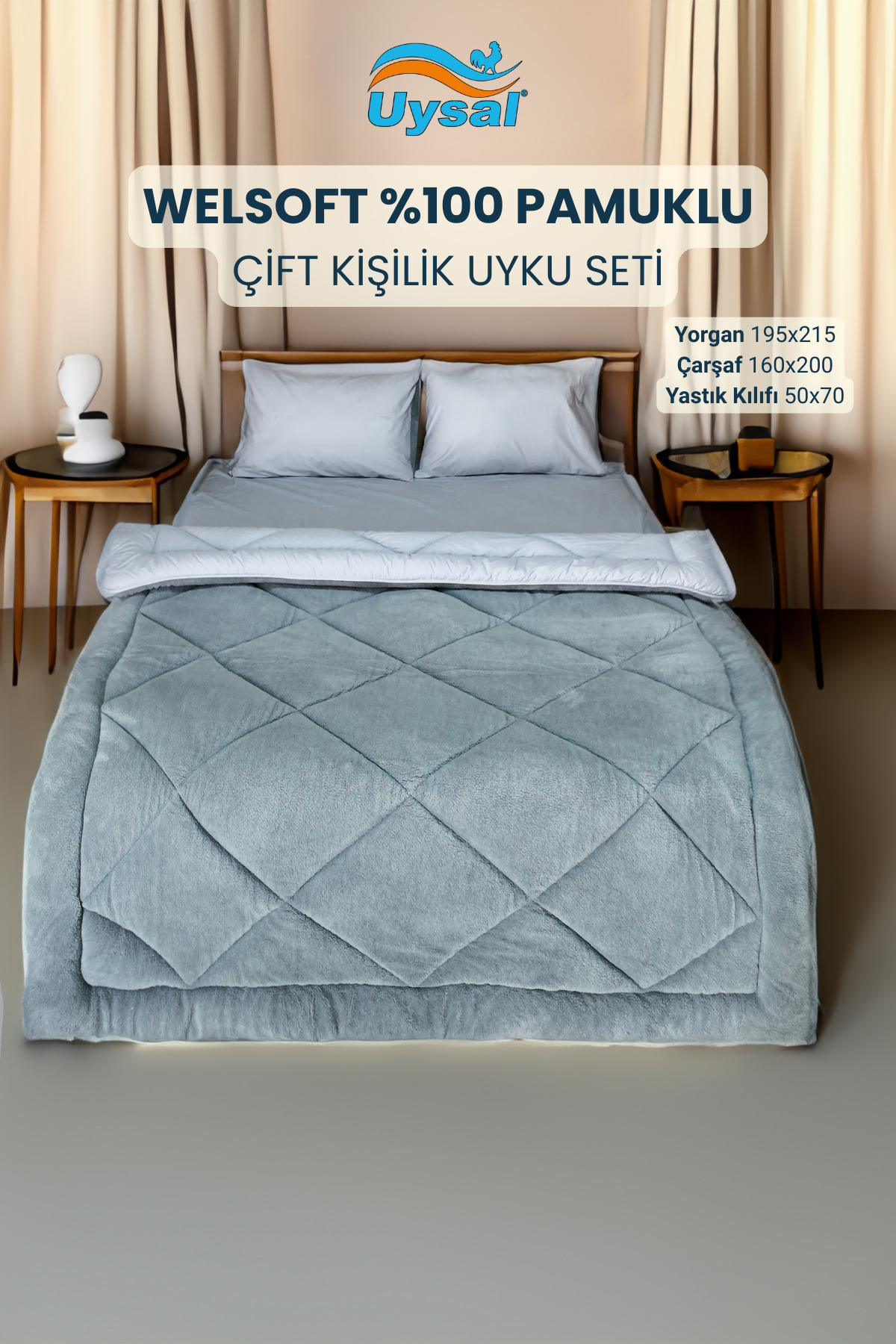 UYSAL WELSOFT AKFİL ÇİFT KİŞİLİK UYKU SETİ 195x215 GRİ