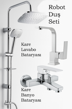 KUSTAR 3’lü Banyo Seti | Robot Duş Seti + Kare Lavabo Bataryası + Kare Banyo ...