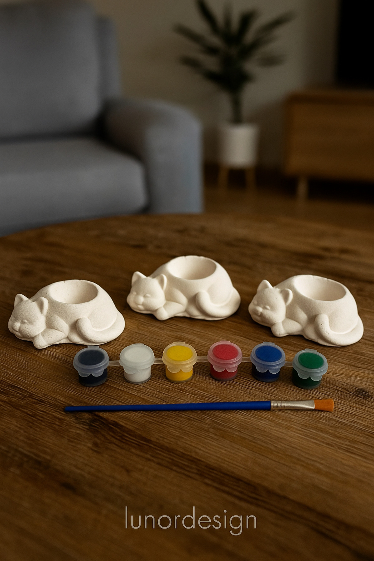 Lunora Design Taş Tozu Kedi Şeklinde Boyama Seti – 3’lü Figür, 6 Renk Boya ve Fırça Dahil