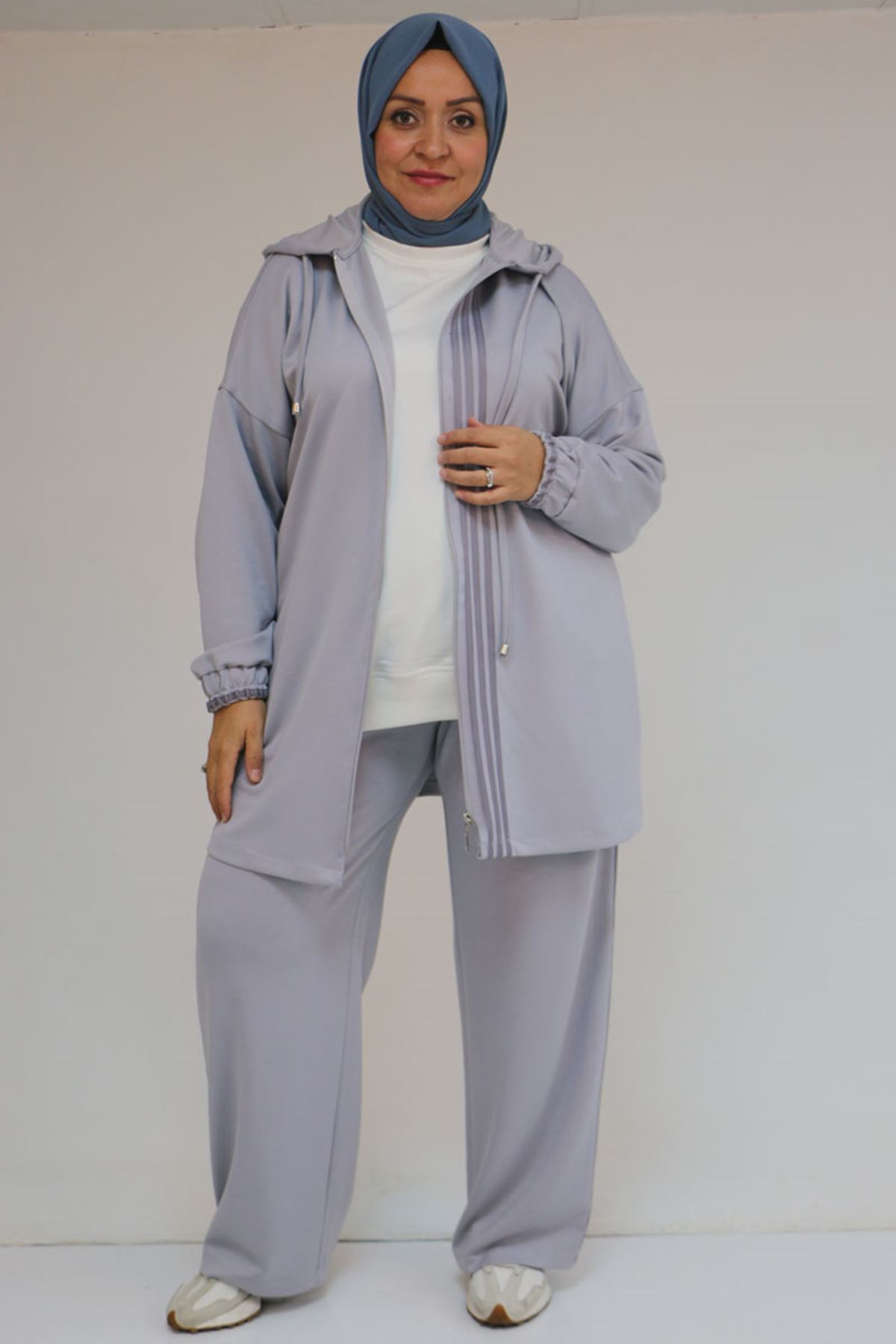 Eslina 57056 Büyük Beden Renge Renk Garnili Modal Pantolonlu Takım - Gri