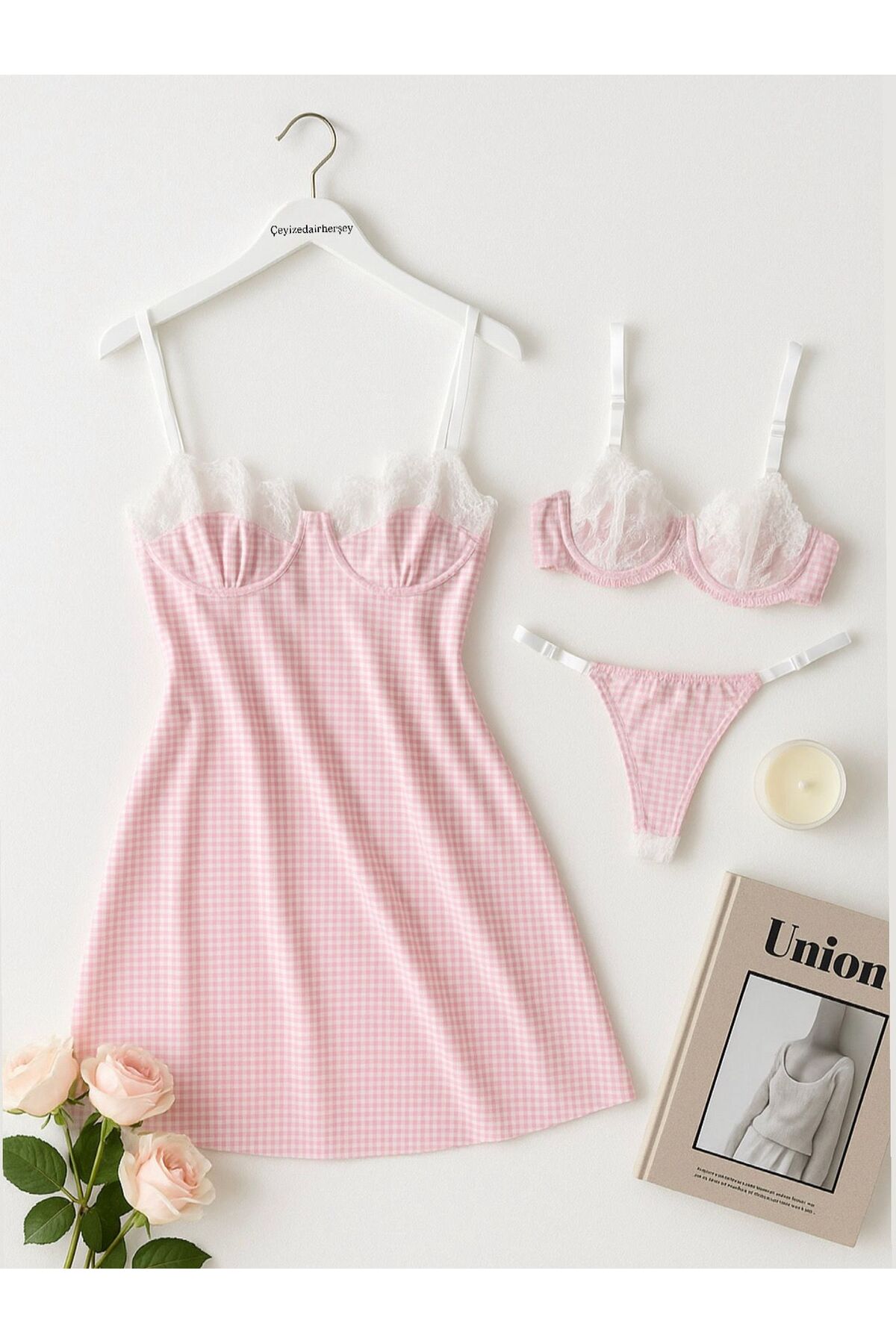 cdh çeyize dair herşey Ekose Desenli Pembe 3’lü Gecelik Seti