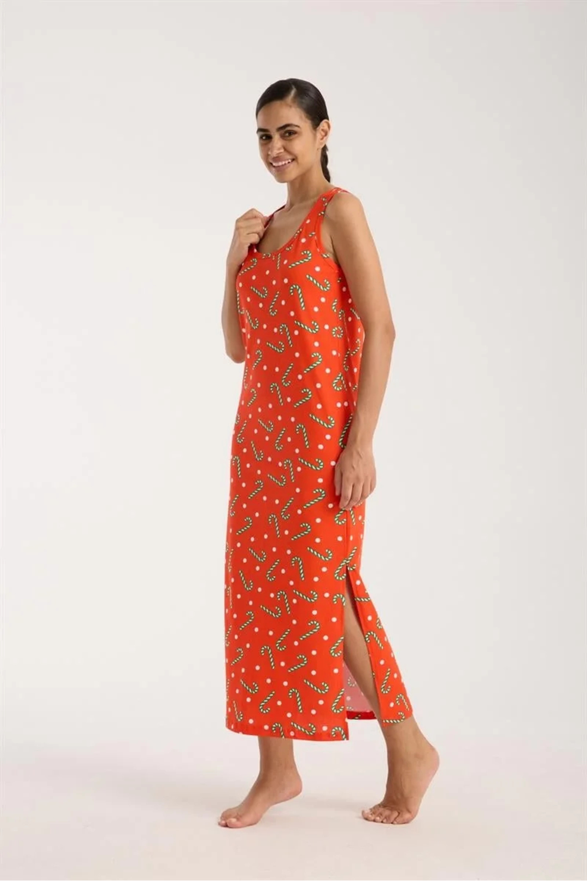 emosavm Moda Kadın Kalın Askılı Yırtmaçlı Uzun Turuncu Gecelik